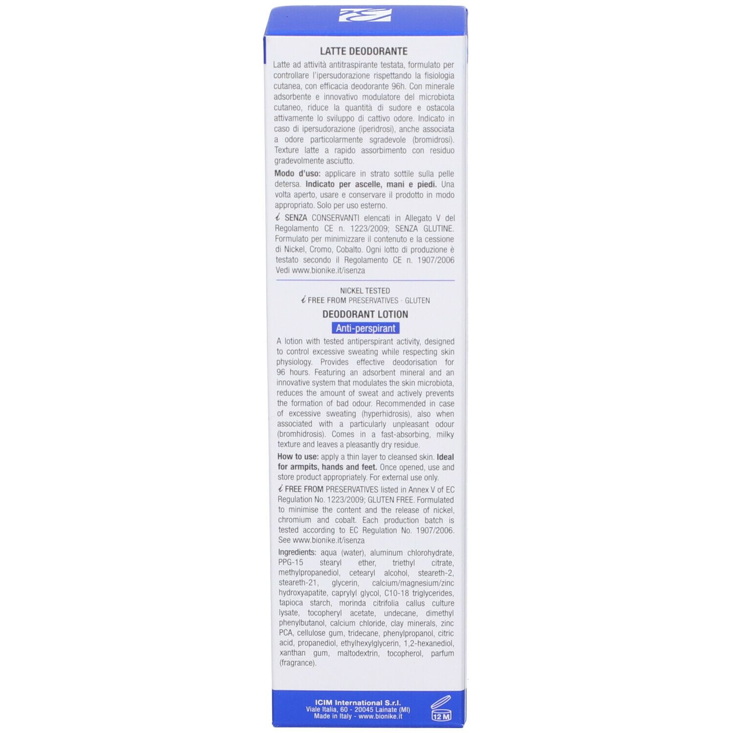 Scatola blu. Testo su ingredienti, utilizzo e avvertenze. Testato al nichel.