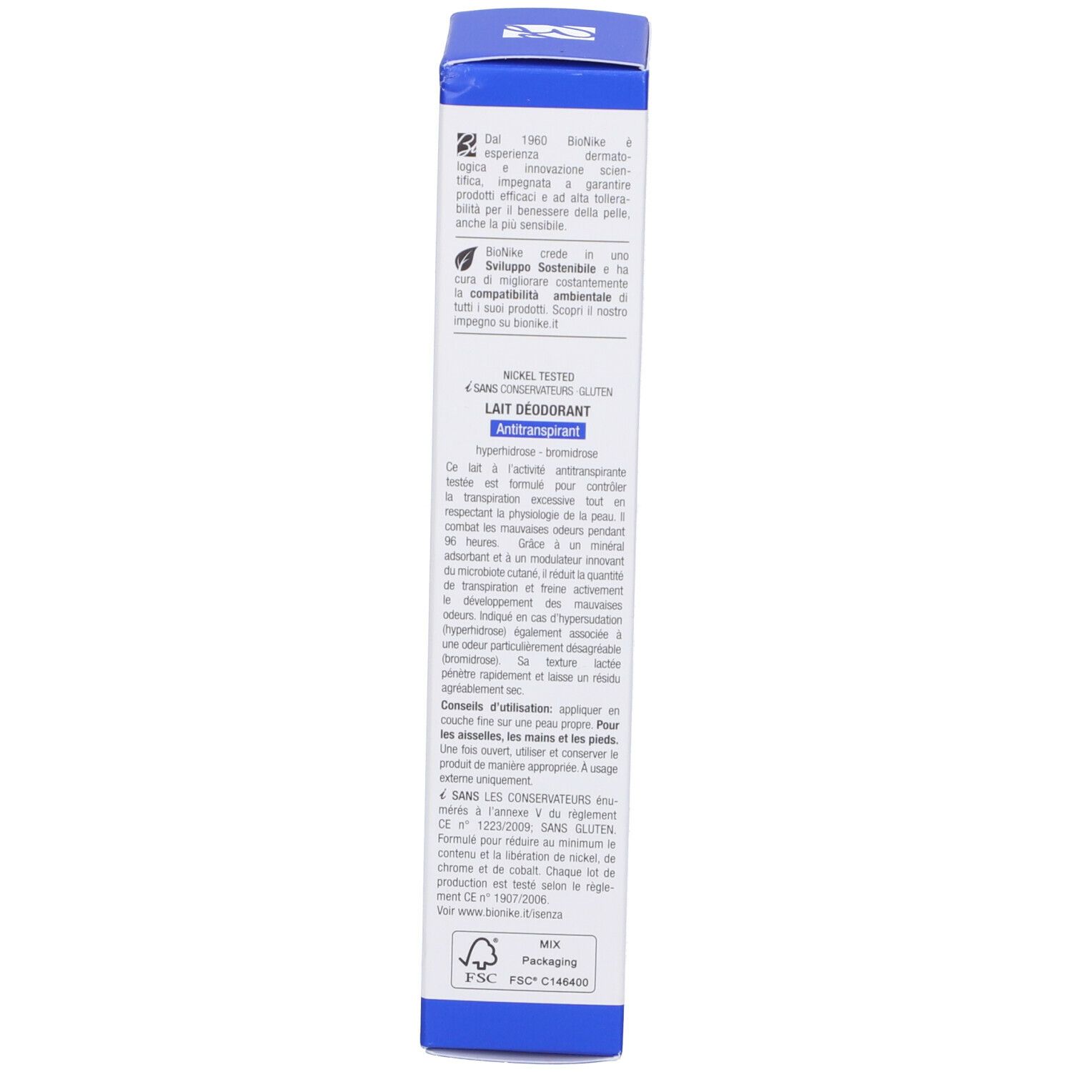 Scatola blu. Testo su ingredienti, utilizzo e avvertenze. Testato al nichel.