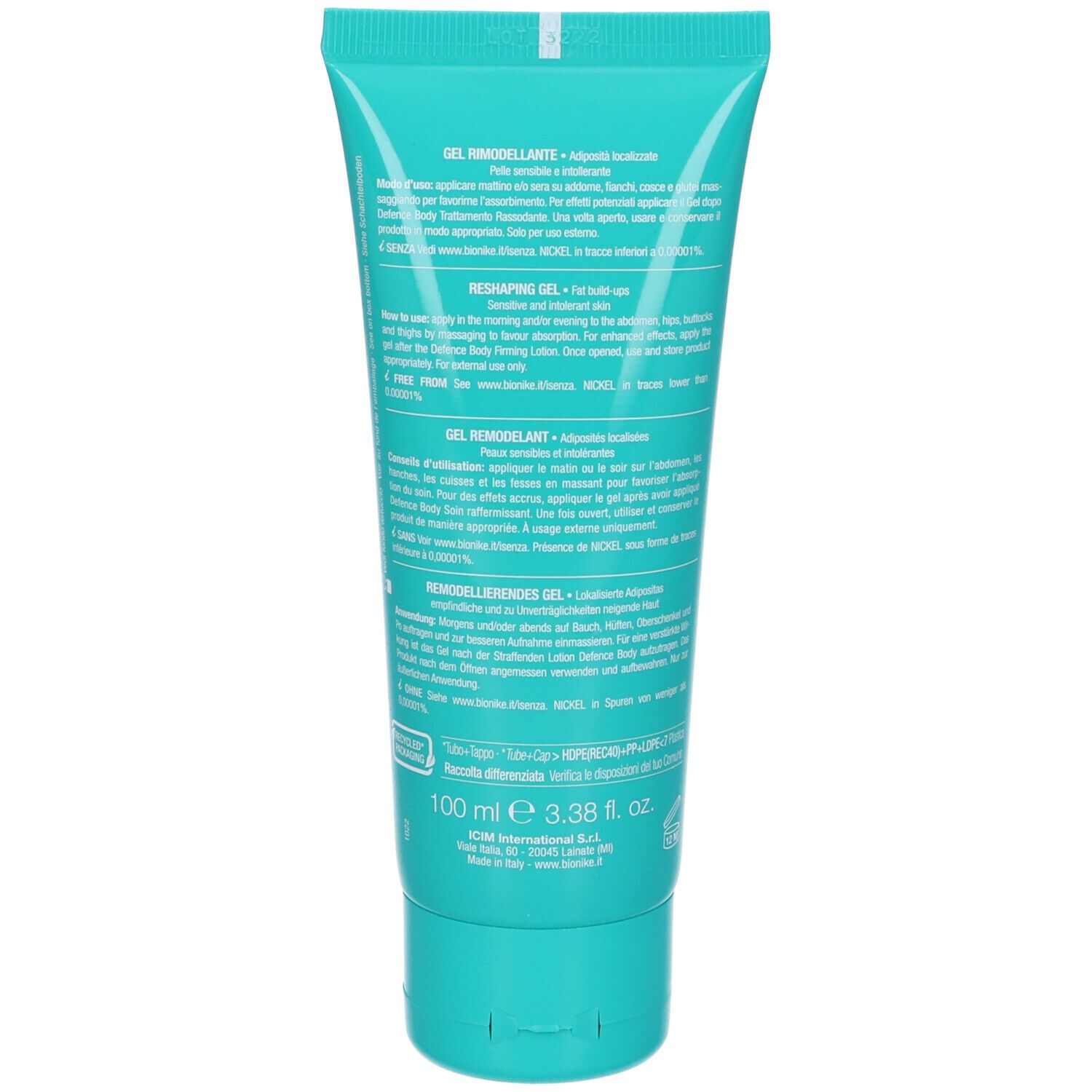 Retro di un tubo turchese. Testo in più lingue. Contiene informazioni su "Gel Rimodellante" e "Reshaping Gel".