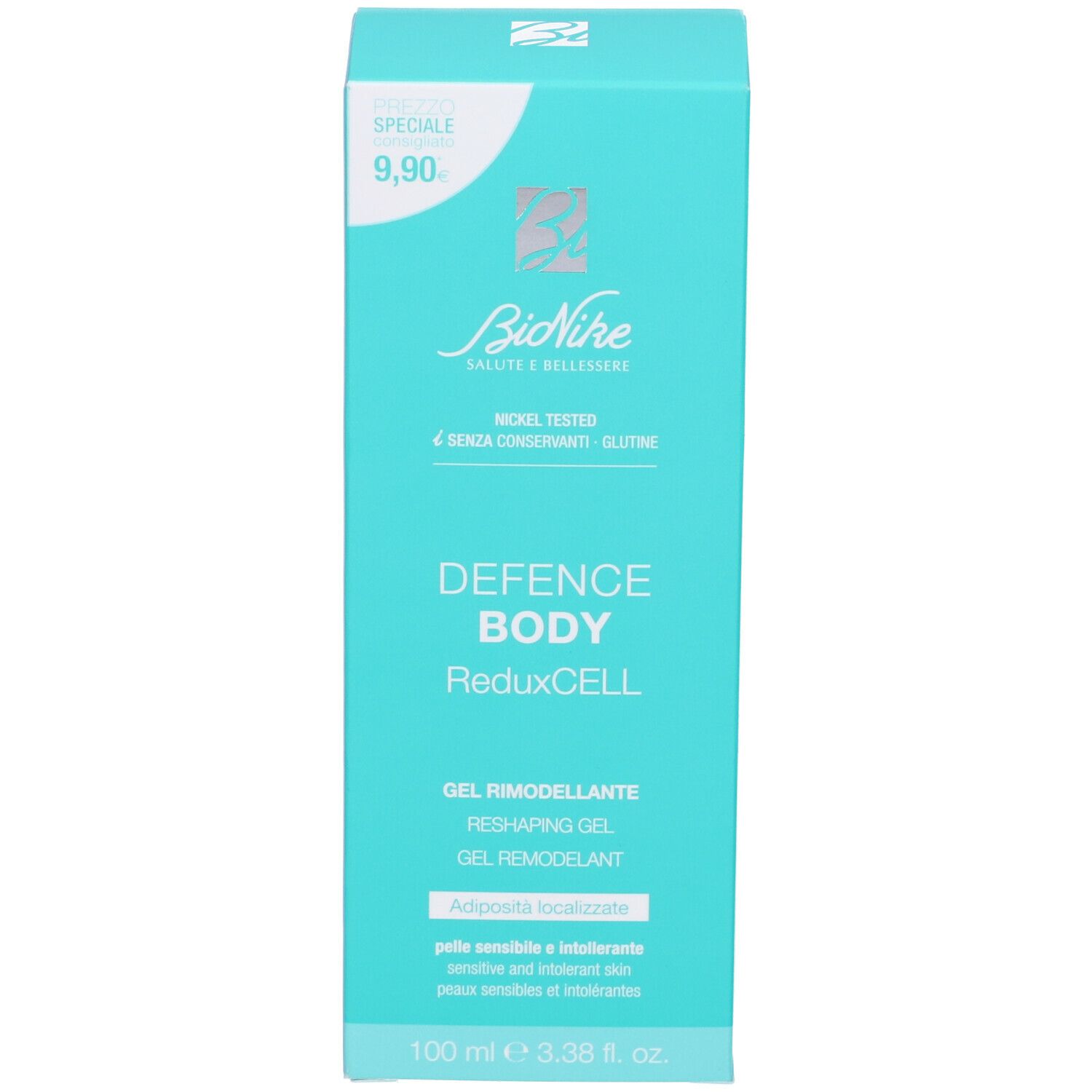 Scatola turchese con testo bianco. Contiene "BioNike Defence Body ReduxCell" e "Gel Rimodellante".