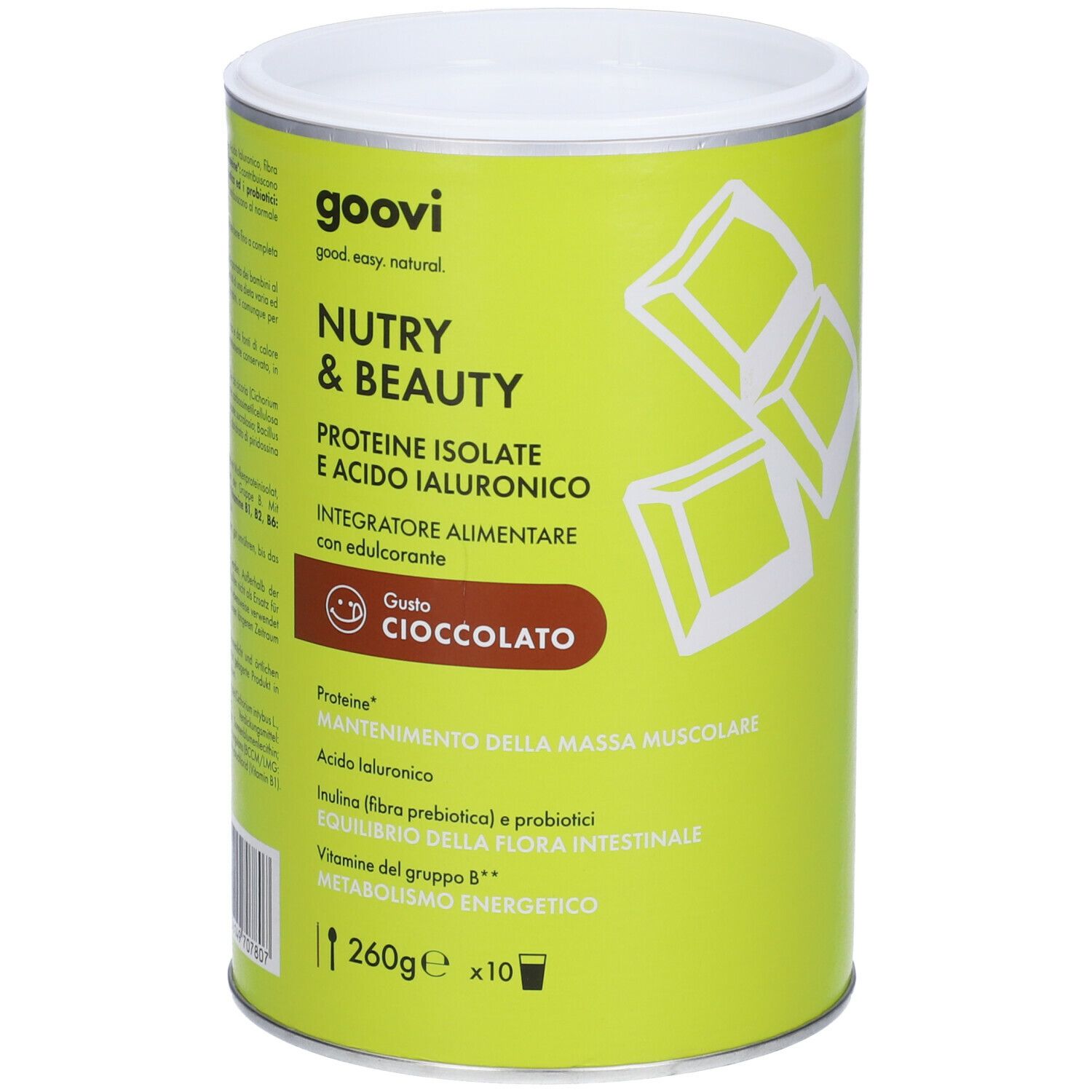 Grünes zylindrisches Produkt. Aufschrift: Goovi Nutry & Beauty, Proteine Isolate, Acido Ialuronico, Cioccolato. 260g, x10.