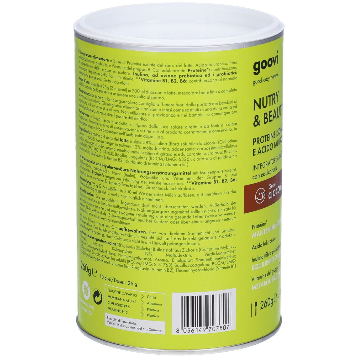 Grünes zylindrisches Produkt. Rückseite mit Text. Aufschrift: 260g, x10. Inhaltsstoffe, Nährwertangaben, Warnhinweise.