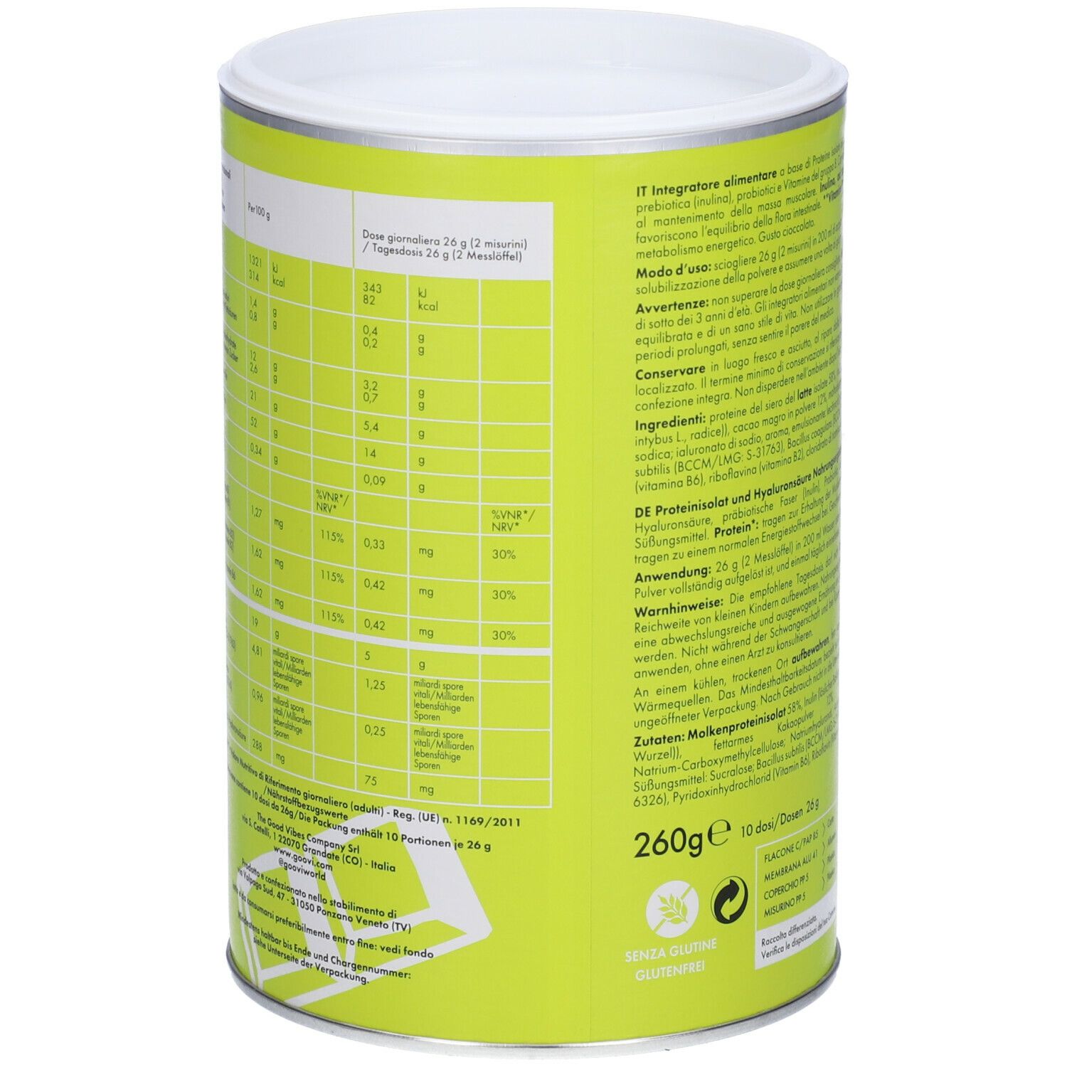 Grünes zylindrisches Produkt. Rückseite mit Text. Aufschrift: 260g, x10. Nährwertangaben, Anwendungshinweise, Warnhinweise.