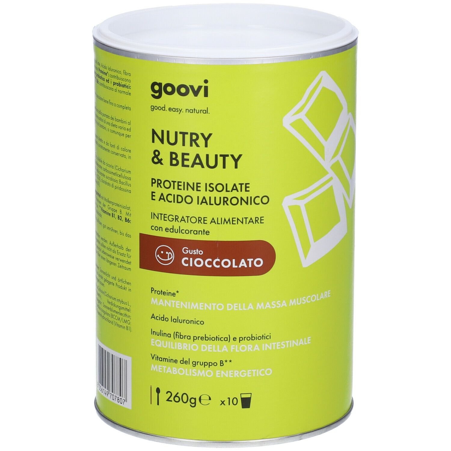 Grünes zylindrisches Produkt. Aufschrift: Goovi Nutry & Beauty, Proteine Isolate, Acido Ialuronico, Cioccolato. 260g, x10.