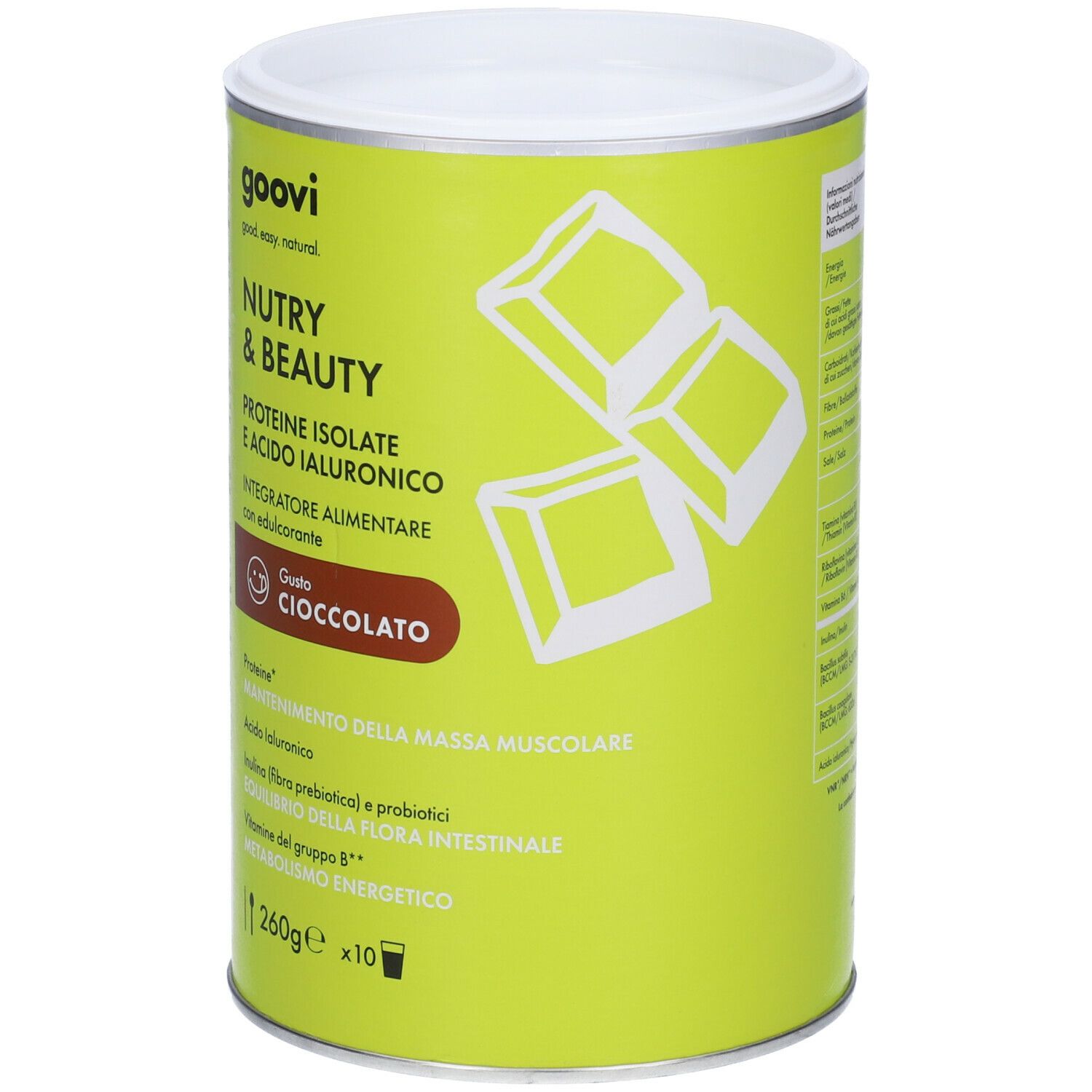 Grünes zylindrisches Produkt. Aufschrift: Goovi Nutry & Beauty, Proteine Isolate, Acido Ialuronico, Cioccolato. 260g, x10.
