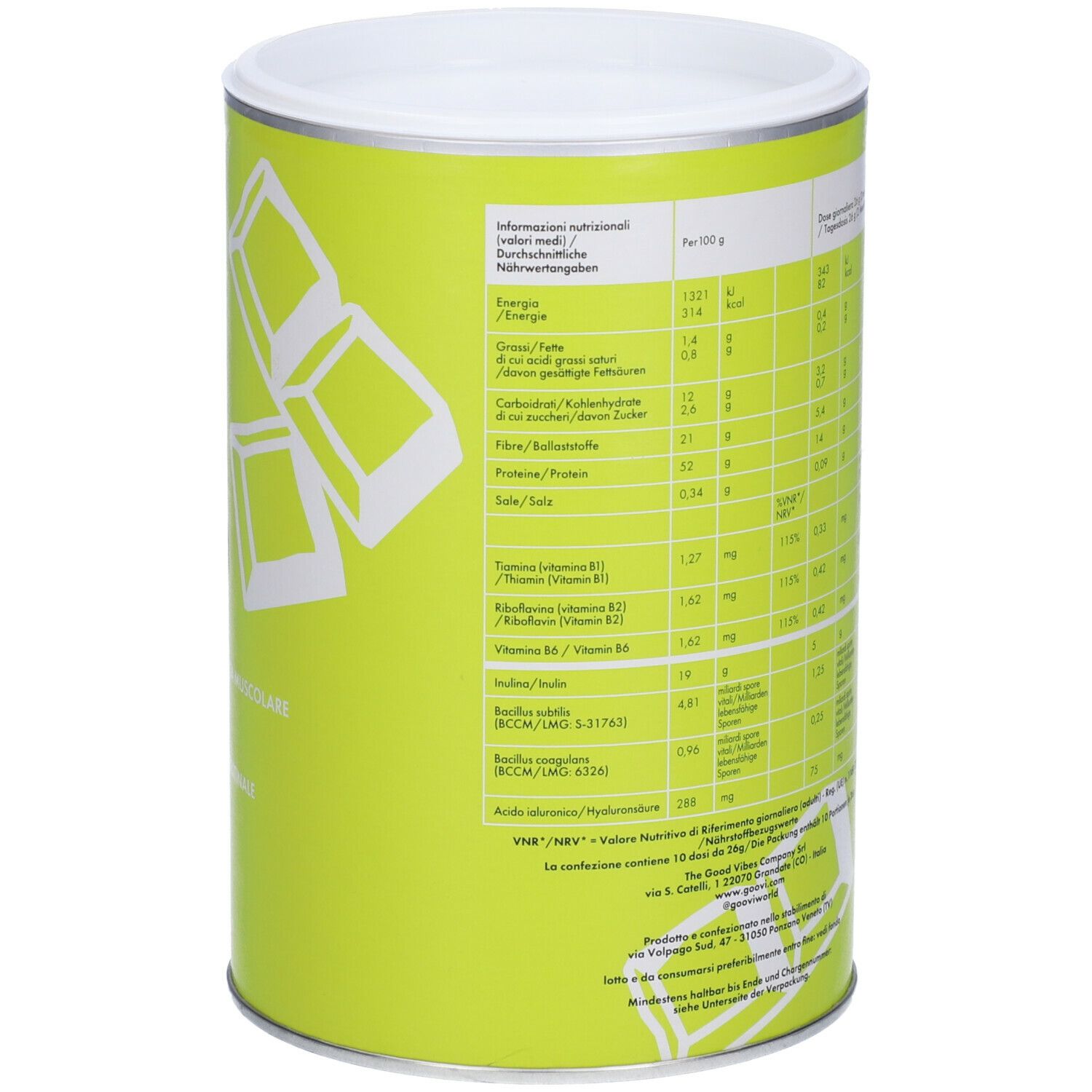 Grünes zylindrisches Produkt. Rückseite mit Text. Aufschrift: Nährwertangaben pro 100g. Enthält Vitamine, Mineralien, Inhaltsstoffe.