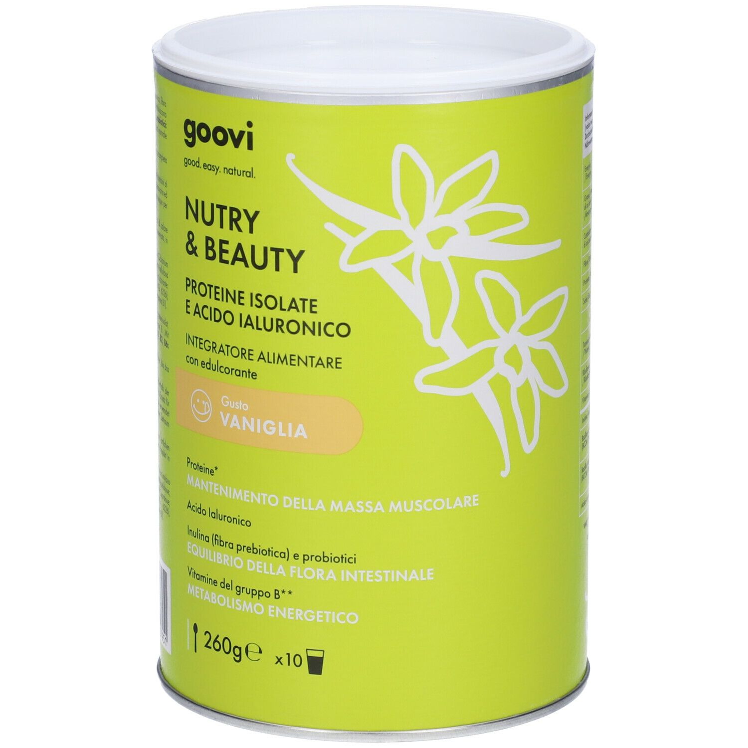 Contenitore cilindrico verde con coperchio bianco. Scritta: Nutry & Beauty, Proteine Isolate, Vaniglia. Marchio: Goovi.