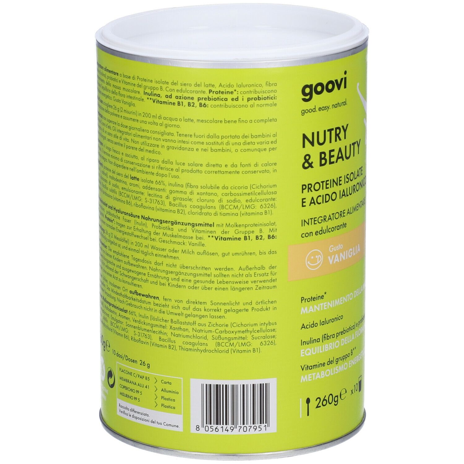 Contenitore cilindrico verde con coperchio bianco. Testo in italiano. Contiene informazioni nutrizionali e ingredienti. Marchio: Goovi.