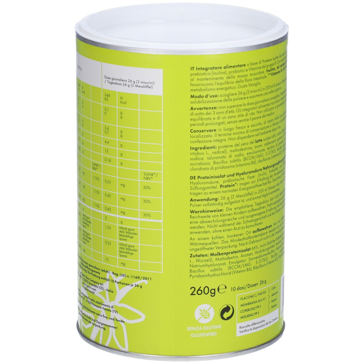 Contenitore cilindrico verde con coperchio bianco. Testo in italiano. Contiene informazioni nutrizionali. Marchio: Goovi.
