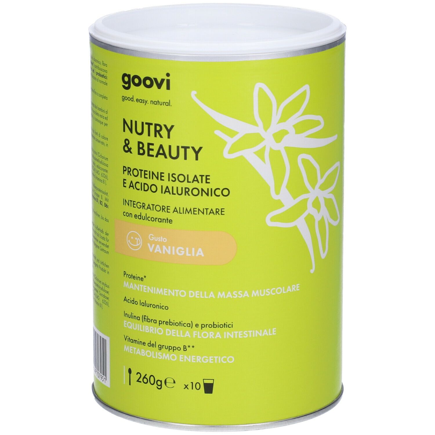 Contenitore cilindrico verde con coperchio bianco. Scritta: Nutry & Beauty, Proteine Isolate, Vaniglia. Marchio: Goovi.