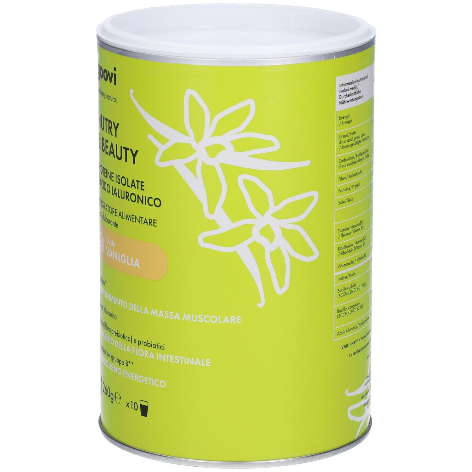 Contenitore cilindrico verde con coperchio bianco. Scritta: Nutry & Beauty, Proteine Isolate, Vaniglia. Marchio: Goovi.