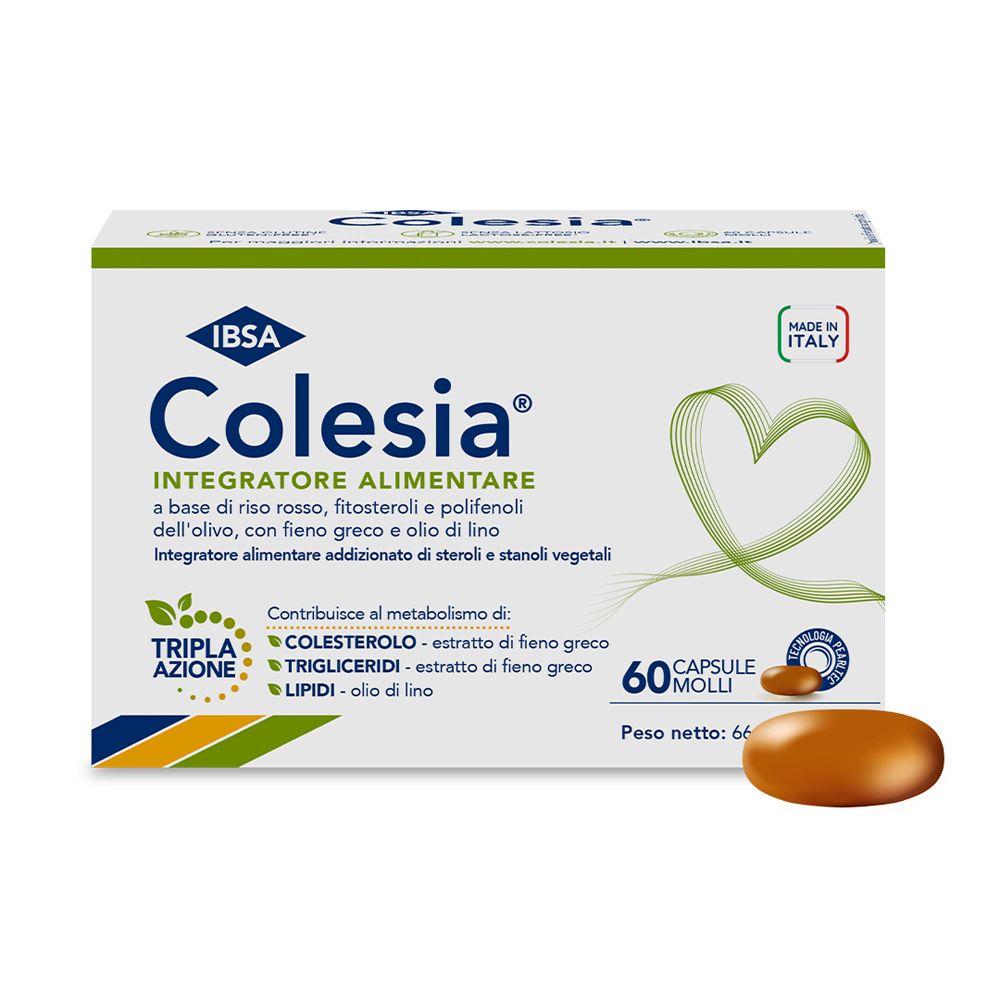 Schachtel mit IBSA Colesia® Kapseln. Enthält 60 Kapseln. Aufschrift: Integratore Alimentare. Mit Inhaltsangaben.