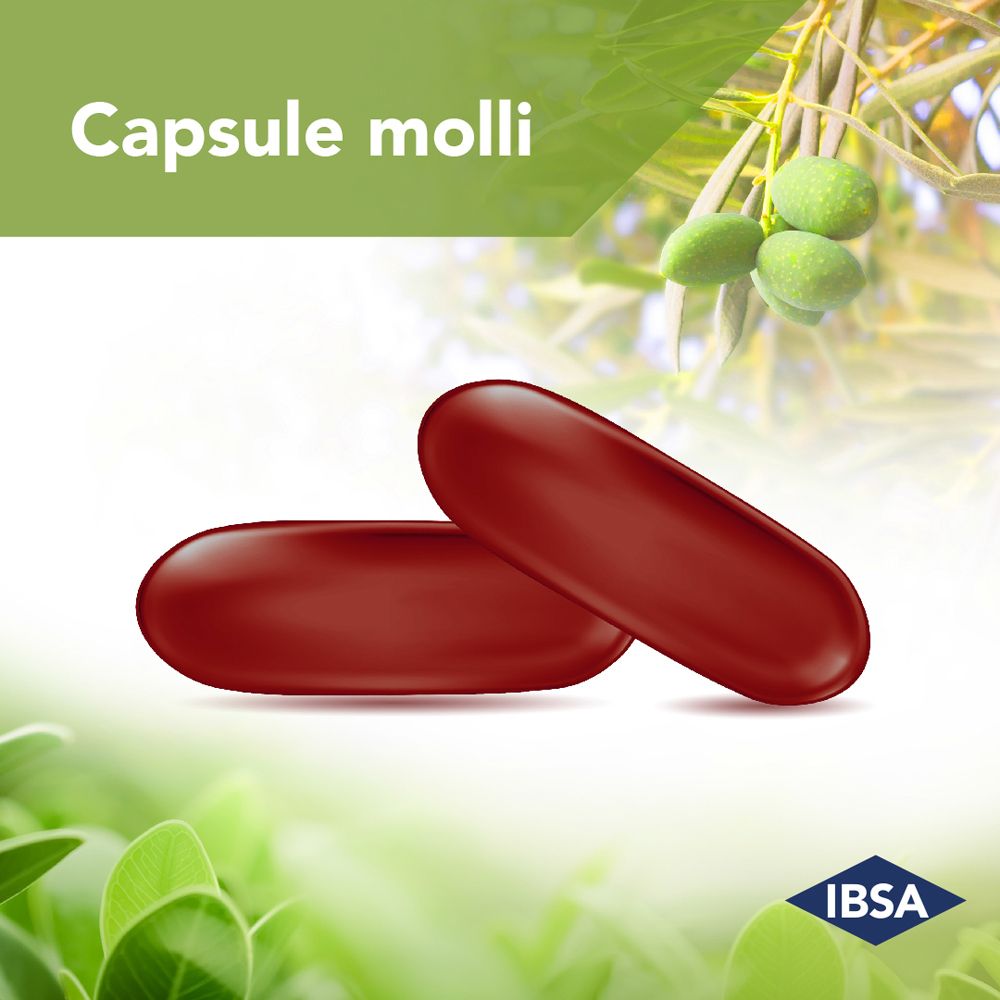 Zwei rote, ovale Kapseln. Text: Capsule molli. IBSA Logo.