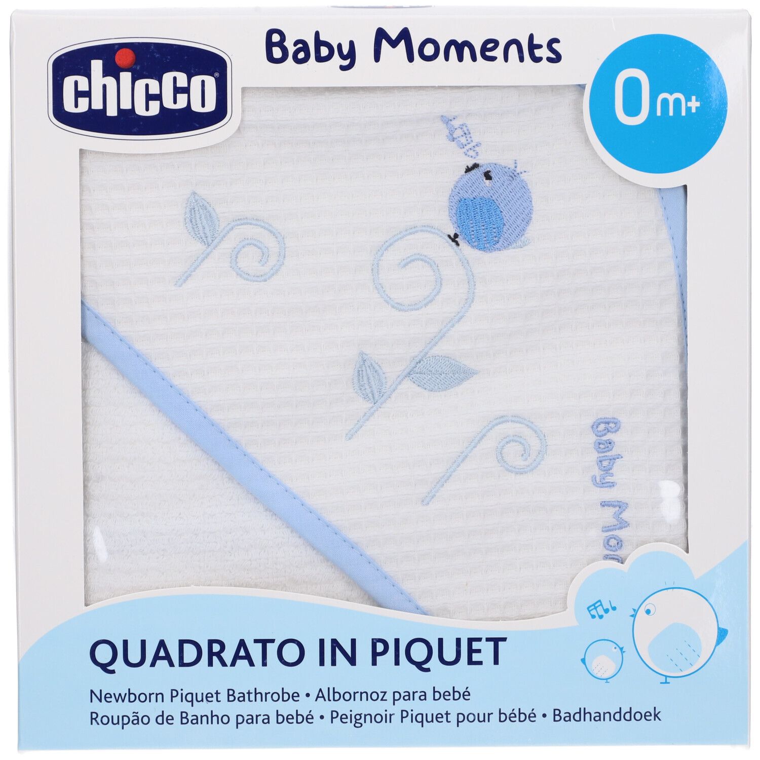 Chicco Quad Piquet Blu, accappatoio neonato bianco con cappuccio, motivo uccello blu, confezione.