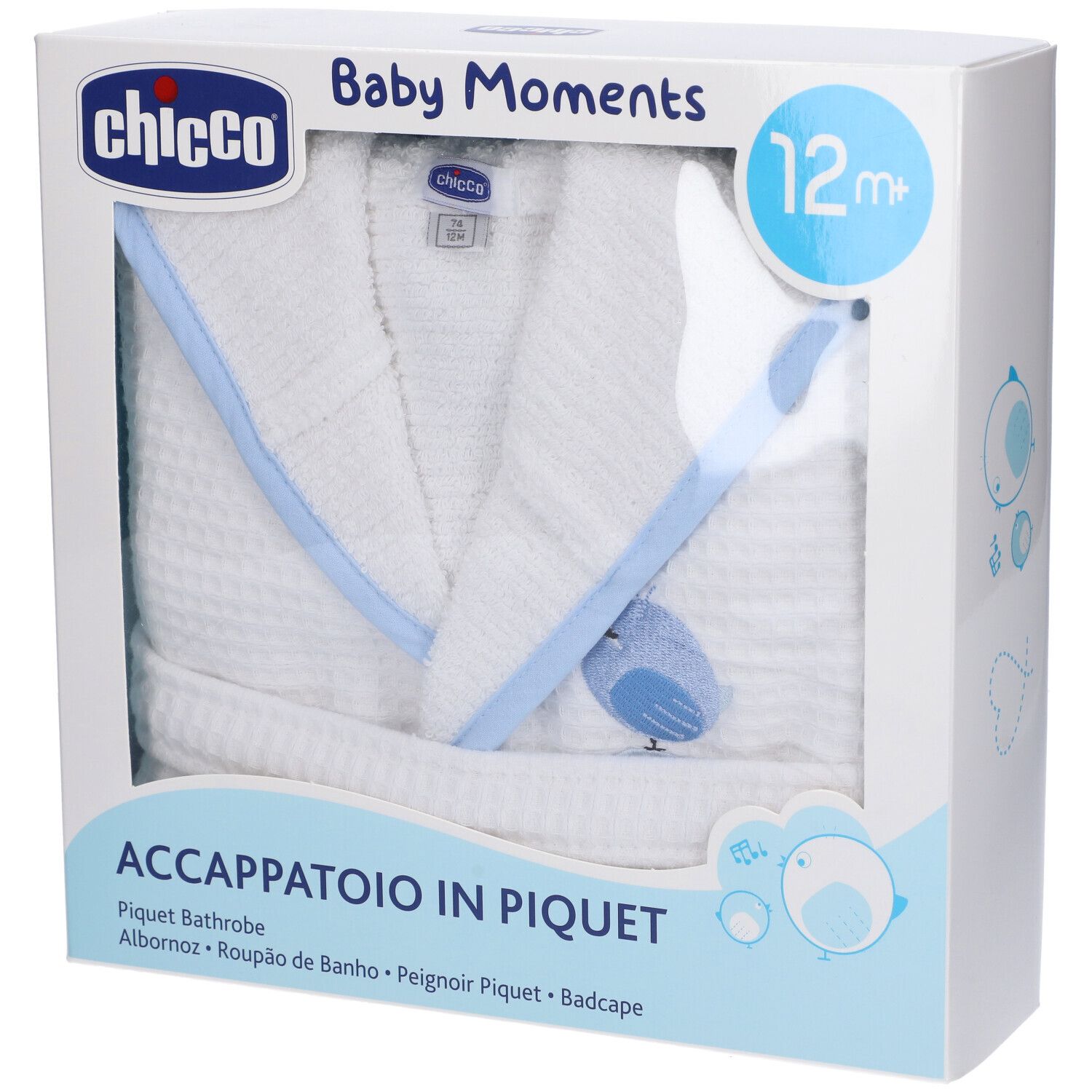 Accappatoio bianco con dettagli blu in confezione. Marchio Chicco, 12m+.