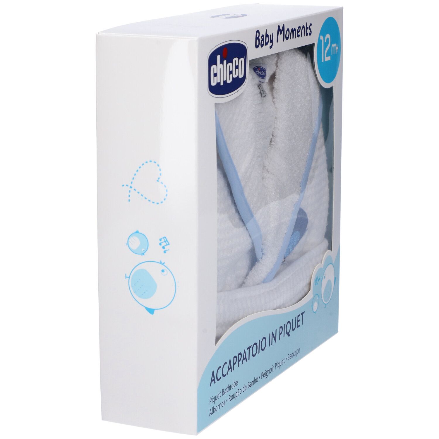 Confezione con accappatoio per bambini. Marchio Chicco, testo: Accappatoio in Piquet.