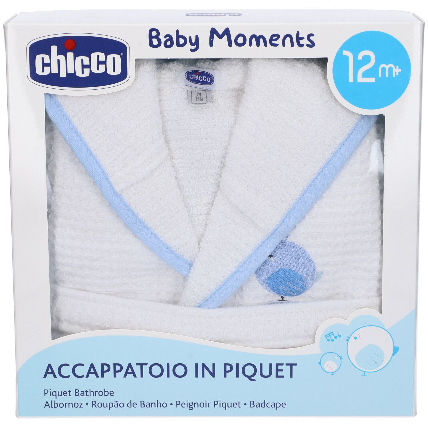 Accappatoio bianco con dettagli blu in confezione. Marchio Chicco, 12m+.