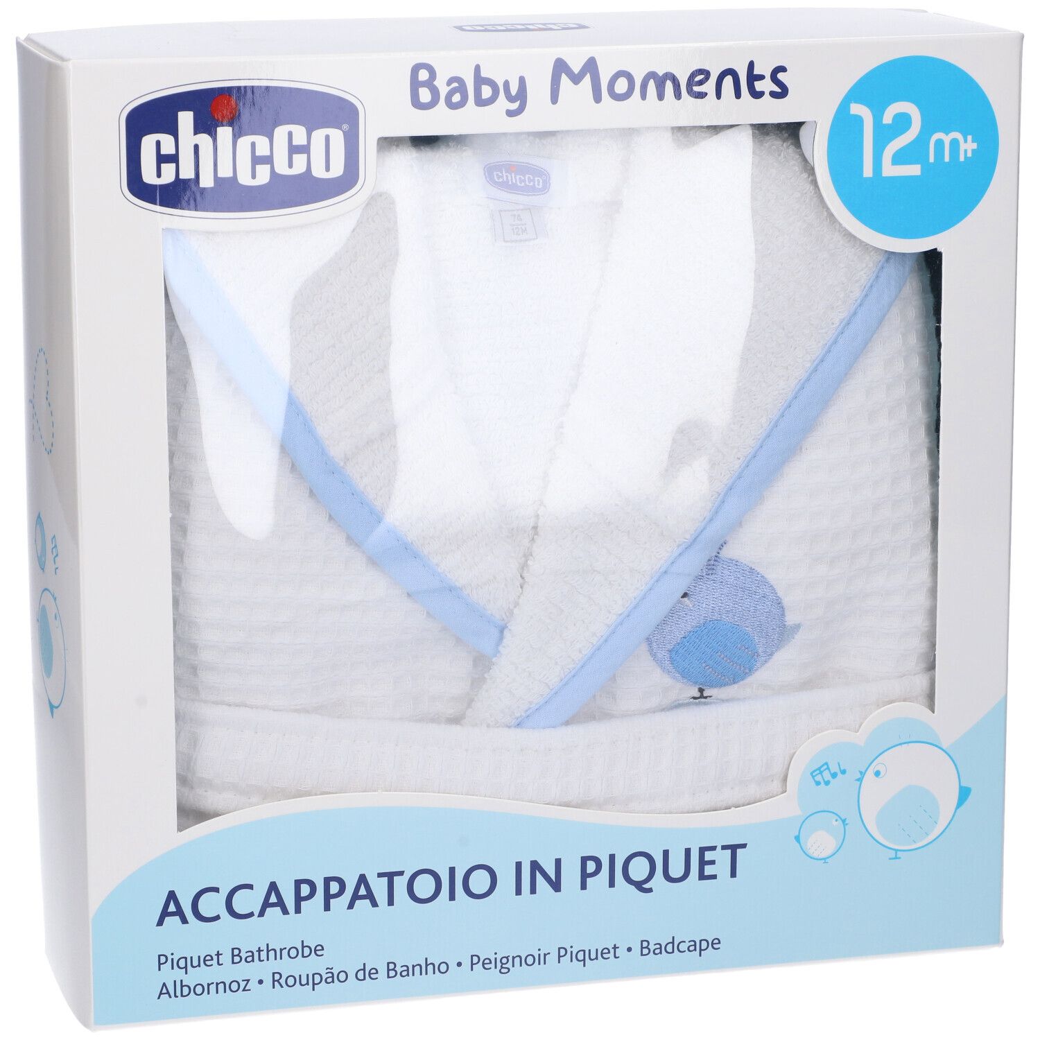 Accappatoio bianco con dettagli blu in confezione. Marchio Chicco, 12m+.