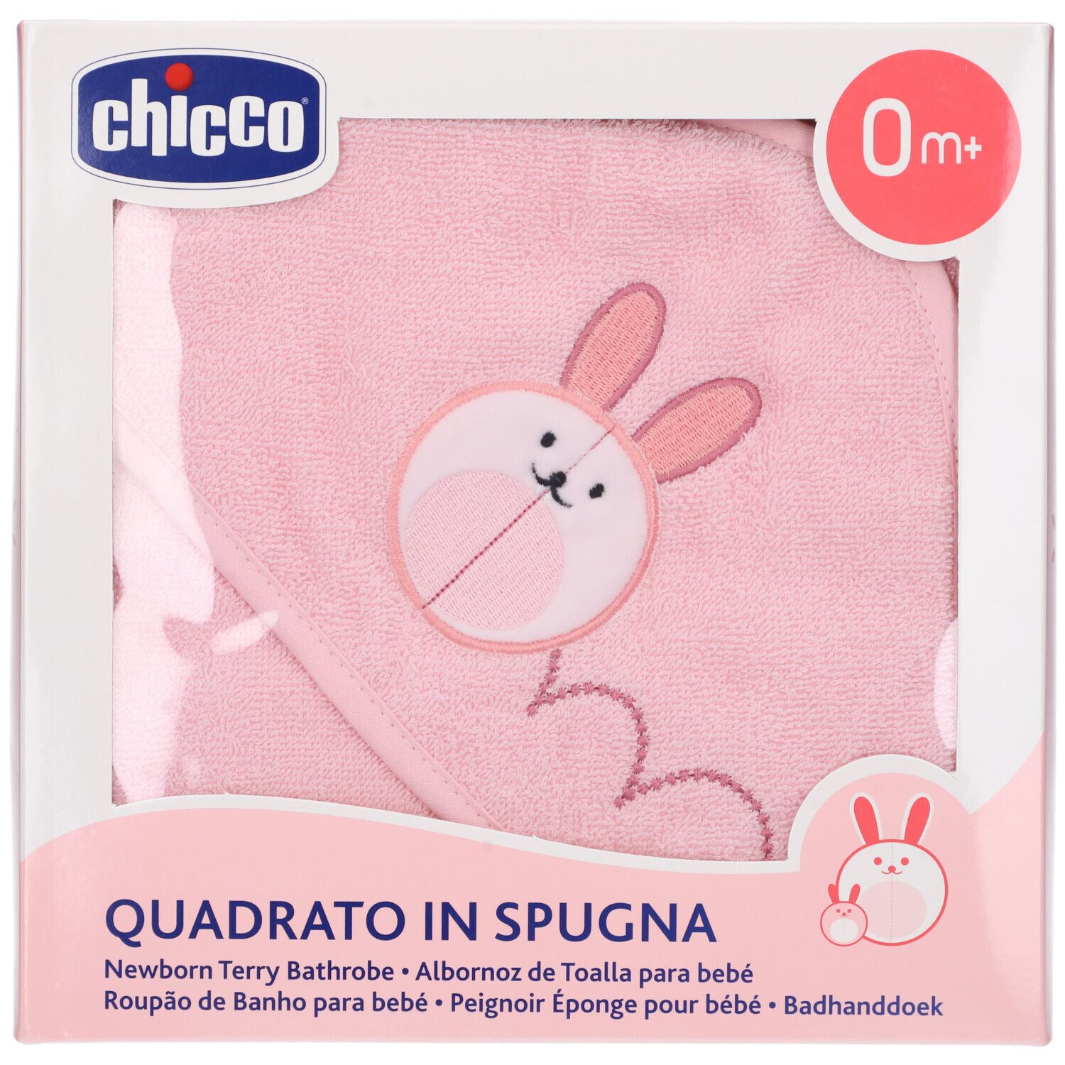 Accappatoio rosa per neonati con cappuccio e disegno di coniglio, confezionato.