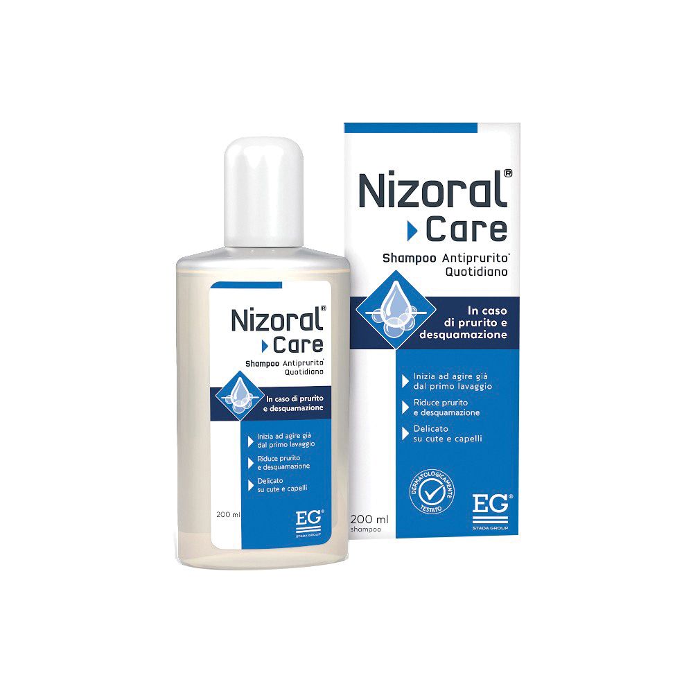 Flacone e scatola di shampoo Nizoral Care. Scritto: Shampoo Antiprurito Quotidiano. 200 ml.
