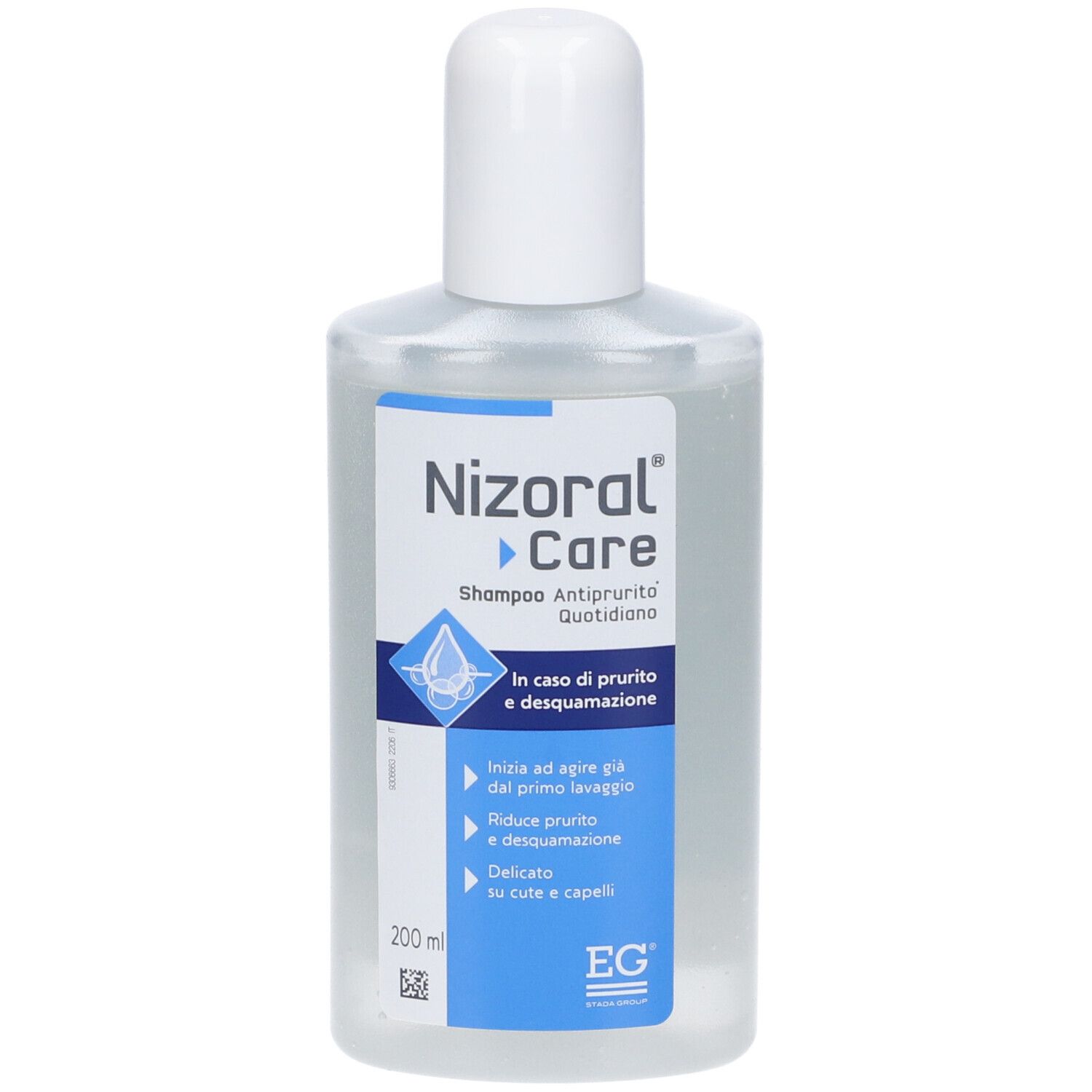Flacone di shampoo Nizoral Care. Scritto: Shampoo Antiprurito Quotidiano. 200 ml.
