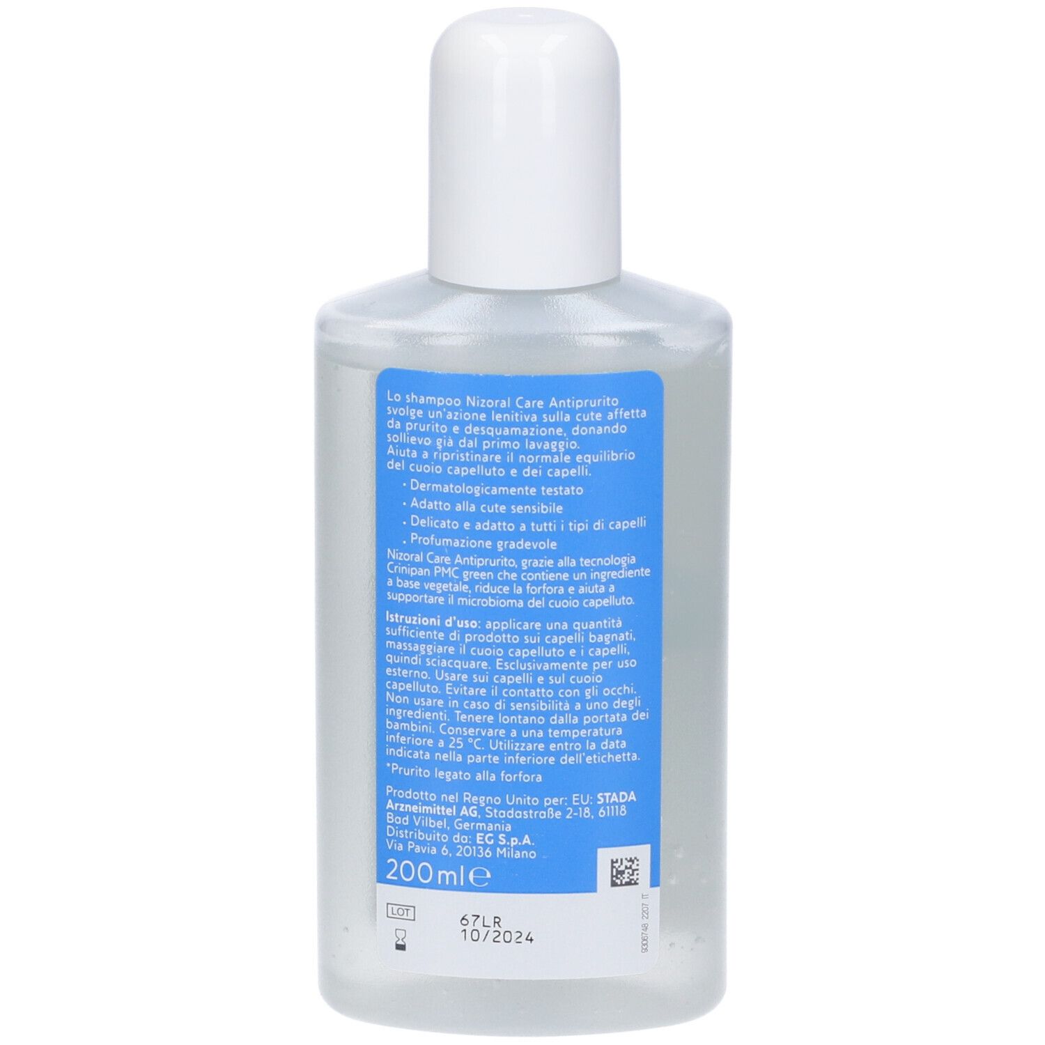 Retro del flacone di shampoo Nizoral Care. Testo e informazioni sul prodotto.