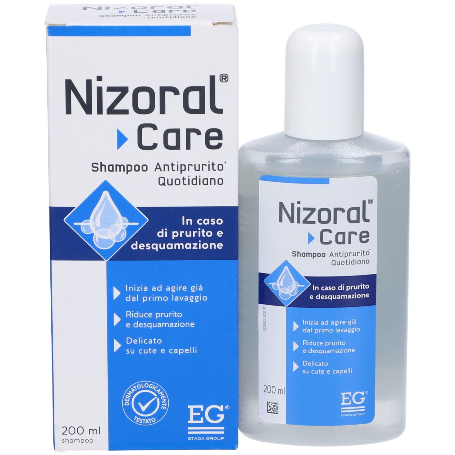 Flacone e scatola di shampoo Nizoral Care. Scritto: Shampoo Antiprurito Quotidiano. 200 ml.