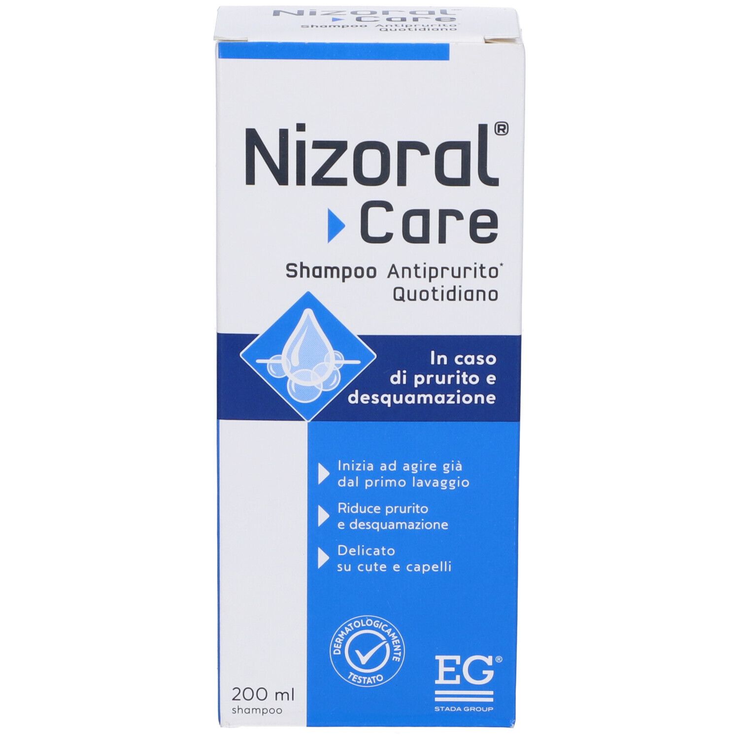 Scatola di shampoo Nizoral Care. Scritto: Shampoo Antiprurito Quotidiano. 200 ml.