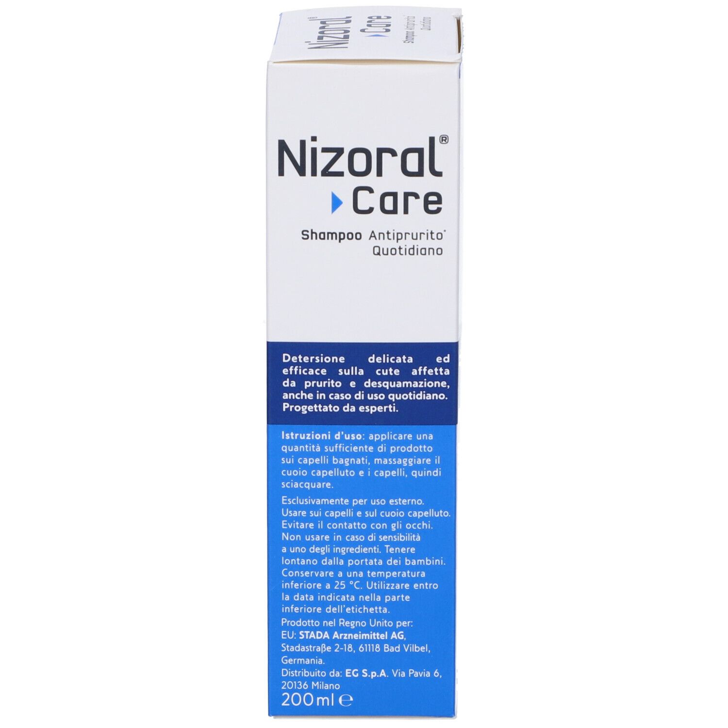 Retro della scatola di shampoo Nizoral Care. Testo e informazioni sul prodotto.