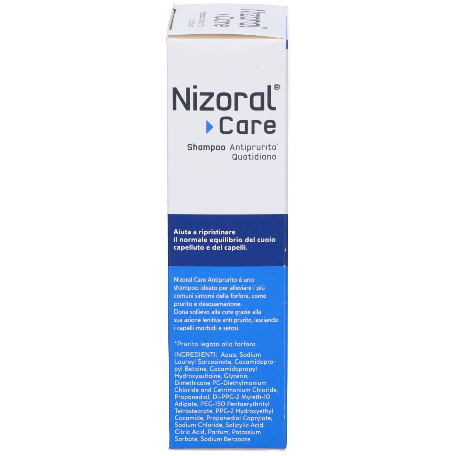 Lato della scatola di shampoo Nizoral Care. Testo e informazioni sul prodotto.