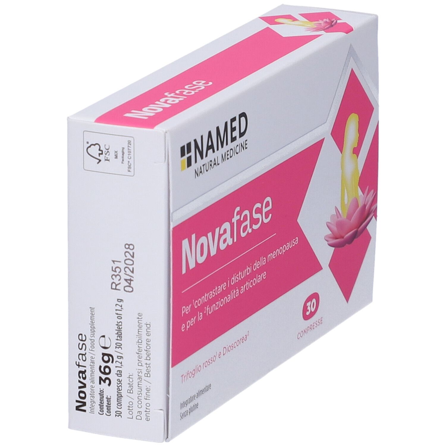 Novafase Kompressen-Verpackung, Rückseite mit Produktinformationen und FSC-Logo.