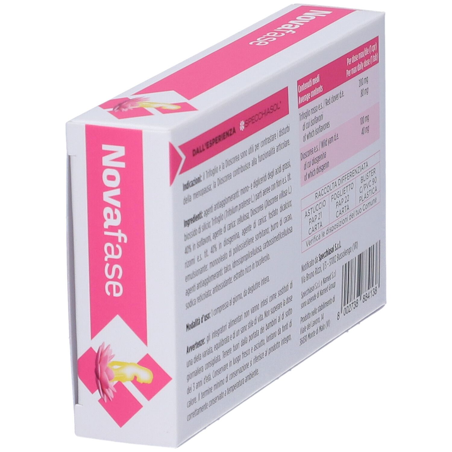 Novafase Kompressen-Verpackung, schräge Ansicht mit Produktinformationen auf der Seite.