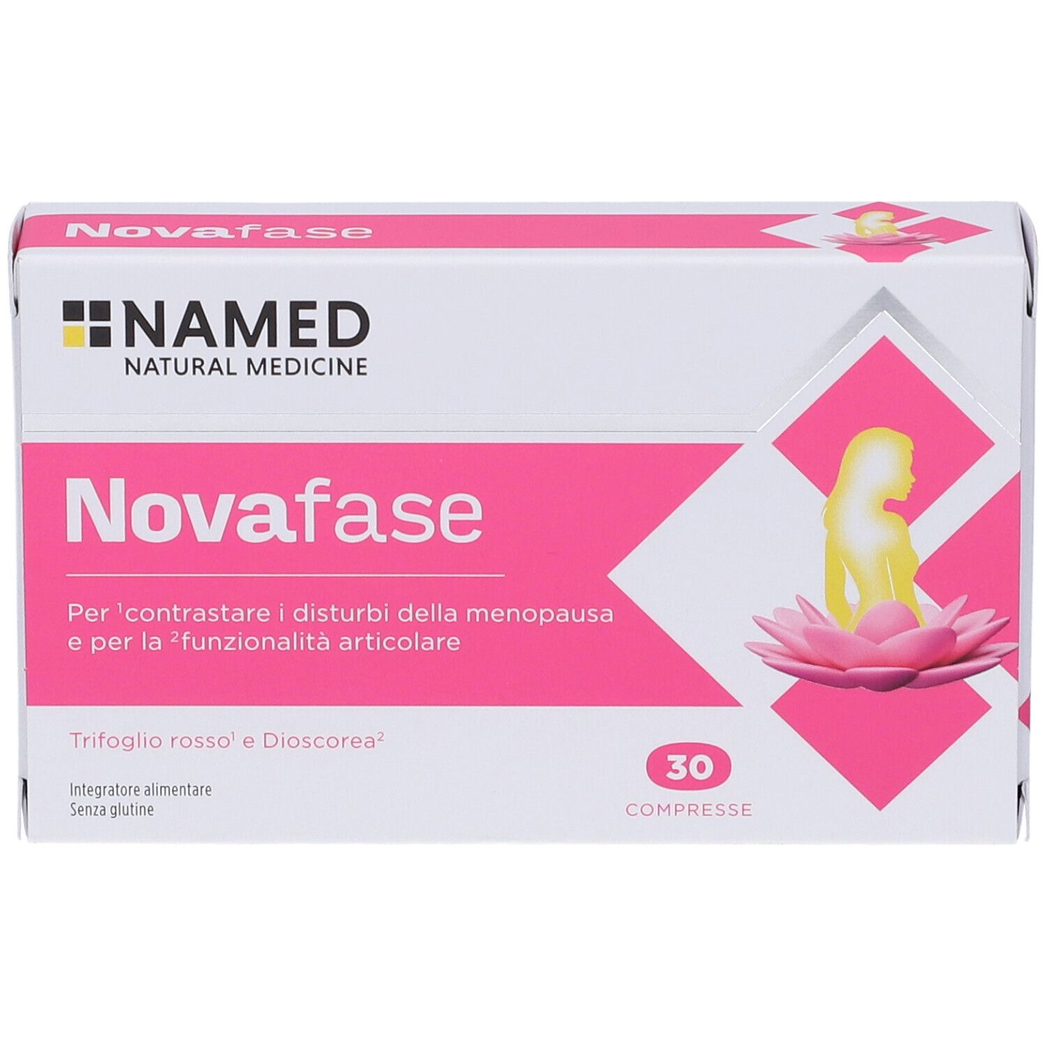 Novafase Kompressen-Verpackung mit 30 Tabletten. Enthält Abbildung einer Frau und einer Blüte.