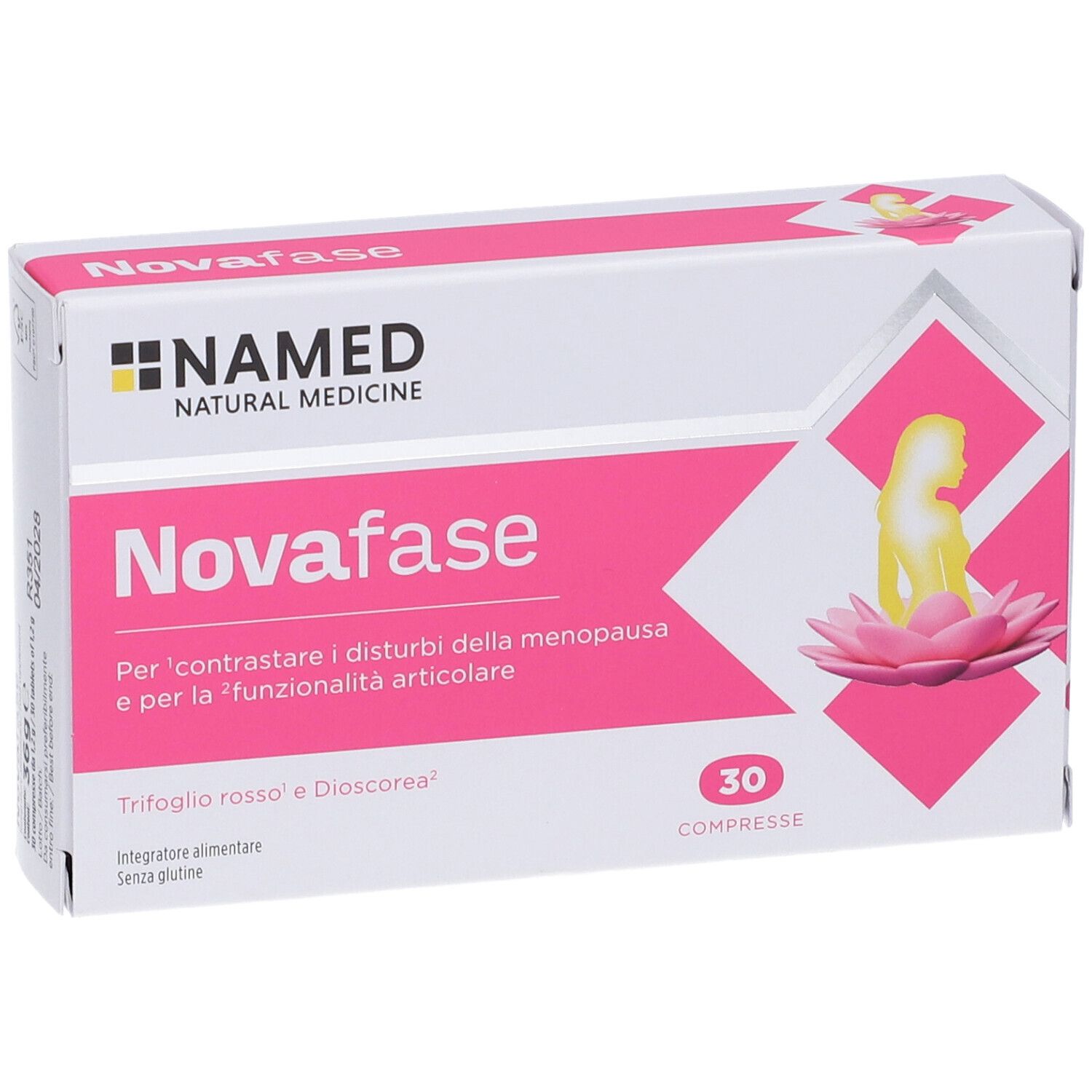 Novafase Kompressen-Verpackung mit 30 Tabletten. Enthält Abbildung einer Frau und einer Blüte.