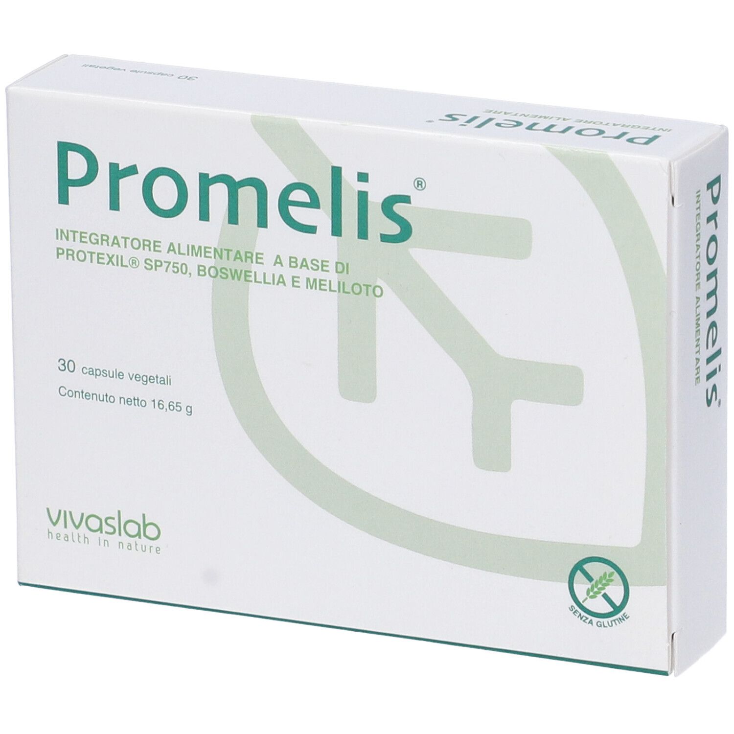 Scatola bianca "Promelis". Ingredienti, 30 capsule vegetali, simbolo senza glutine.