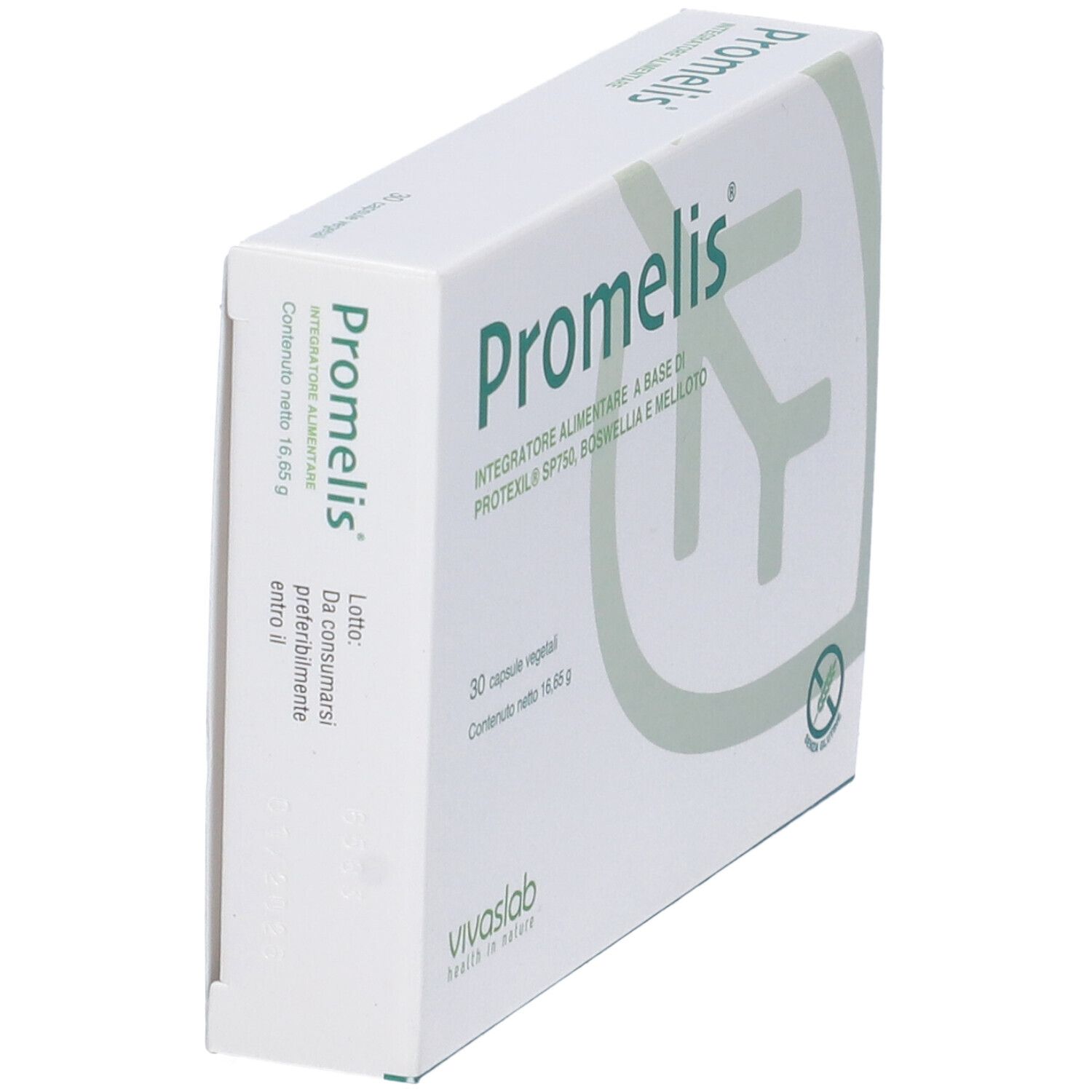 Scatola bianca "Promelis", vista laterale. Nome prodotto, 30 capsule, peso netto.