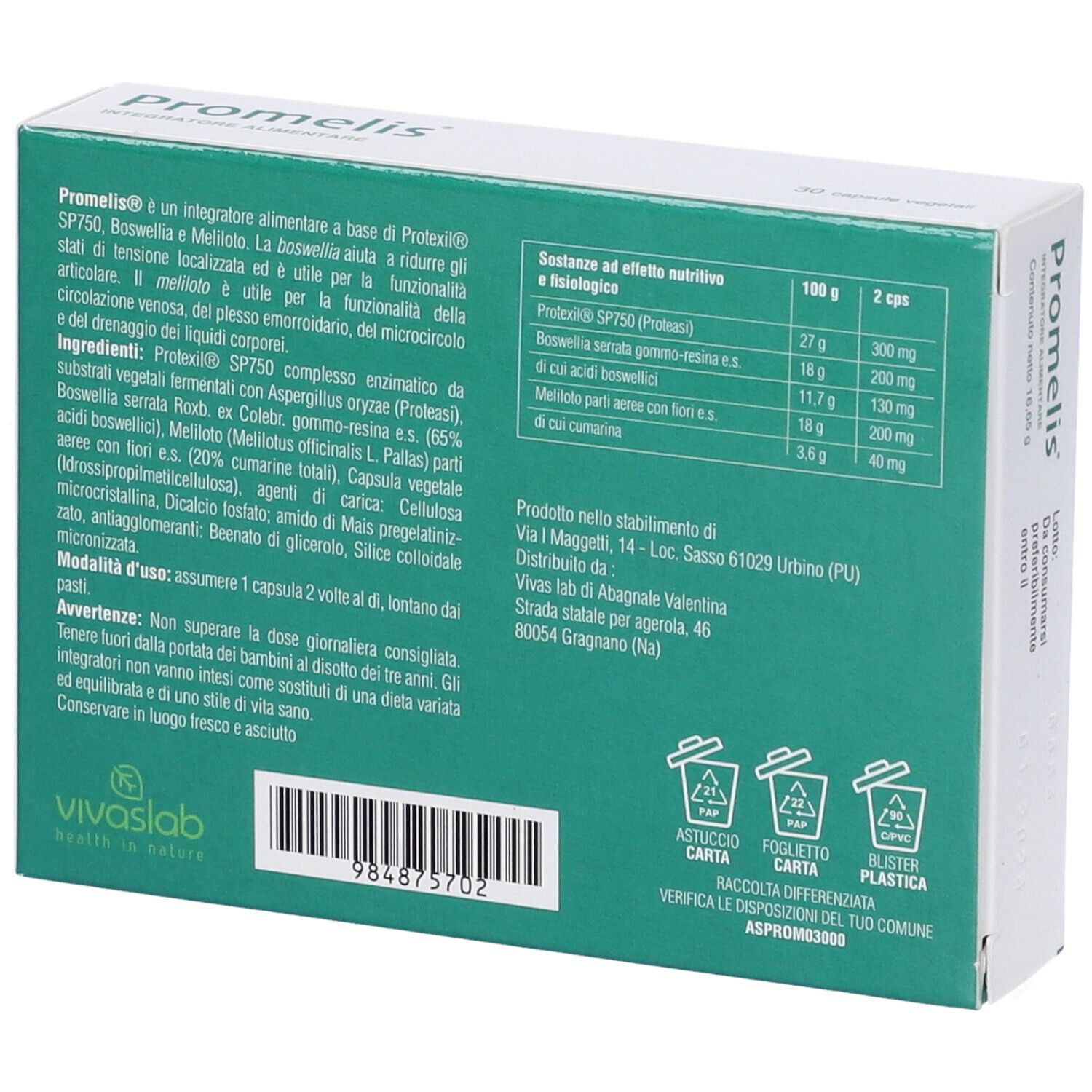 Retro scatola "Promelis". Informazioni prodotto, ingredienti, indirizzo produttore, simboli riciclo.