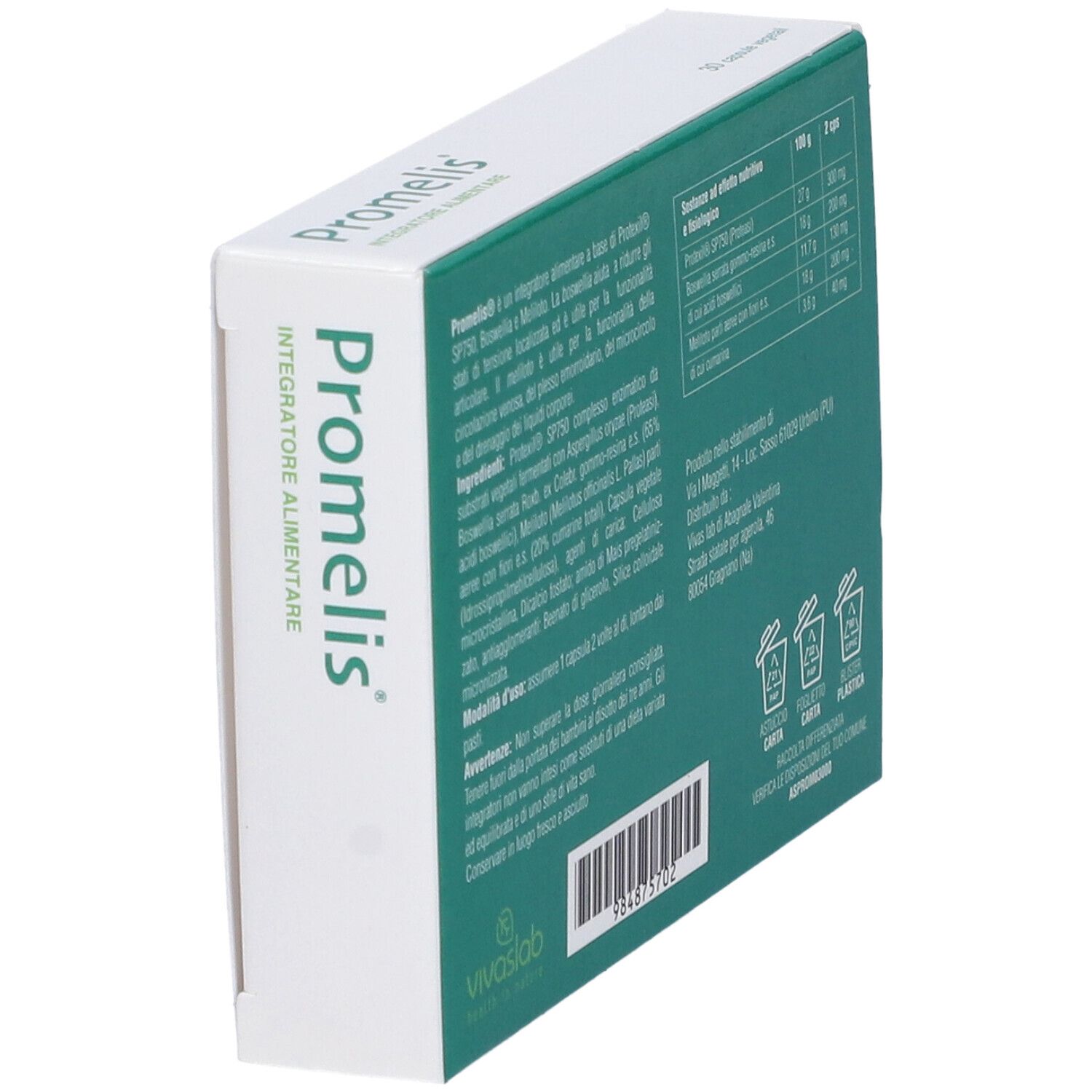 Vista laterale scatola "Promelis". Informazioni prodotto, ingredienti, indirizzo produttore.