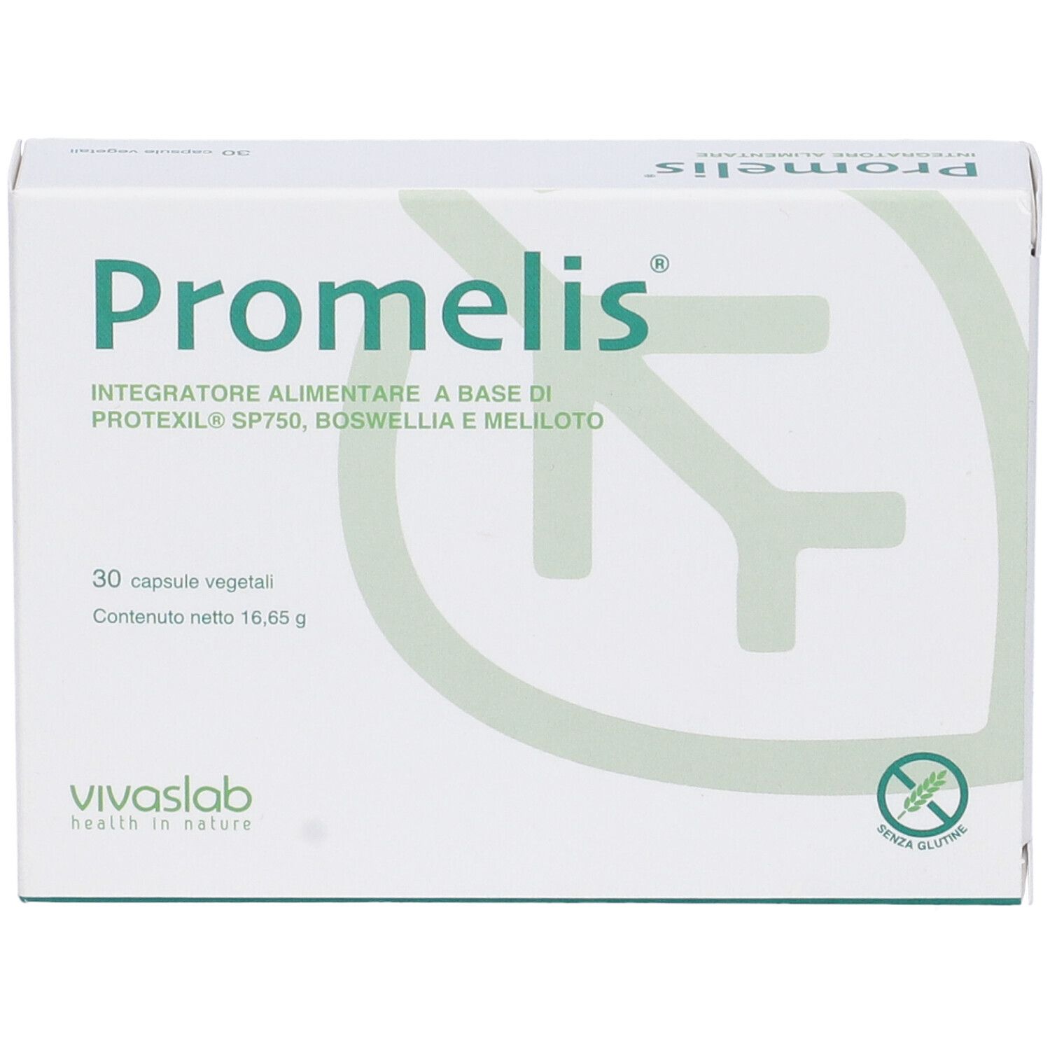 Scatola bianca "Promelis". Nome prodotto, 30 capsule, simbolo senza glutine.