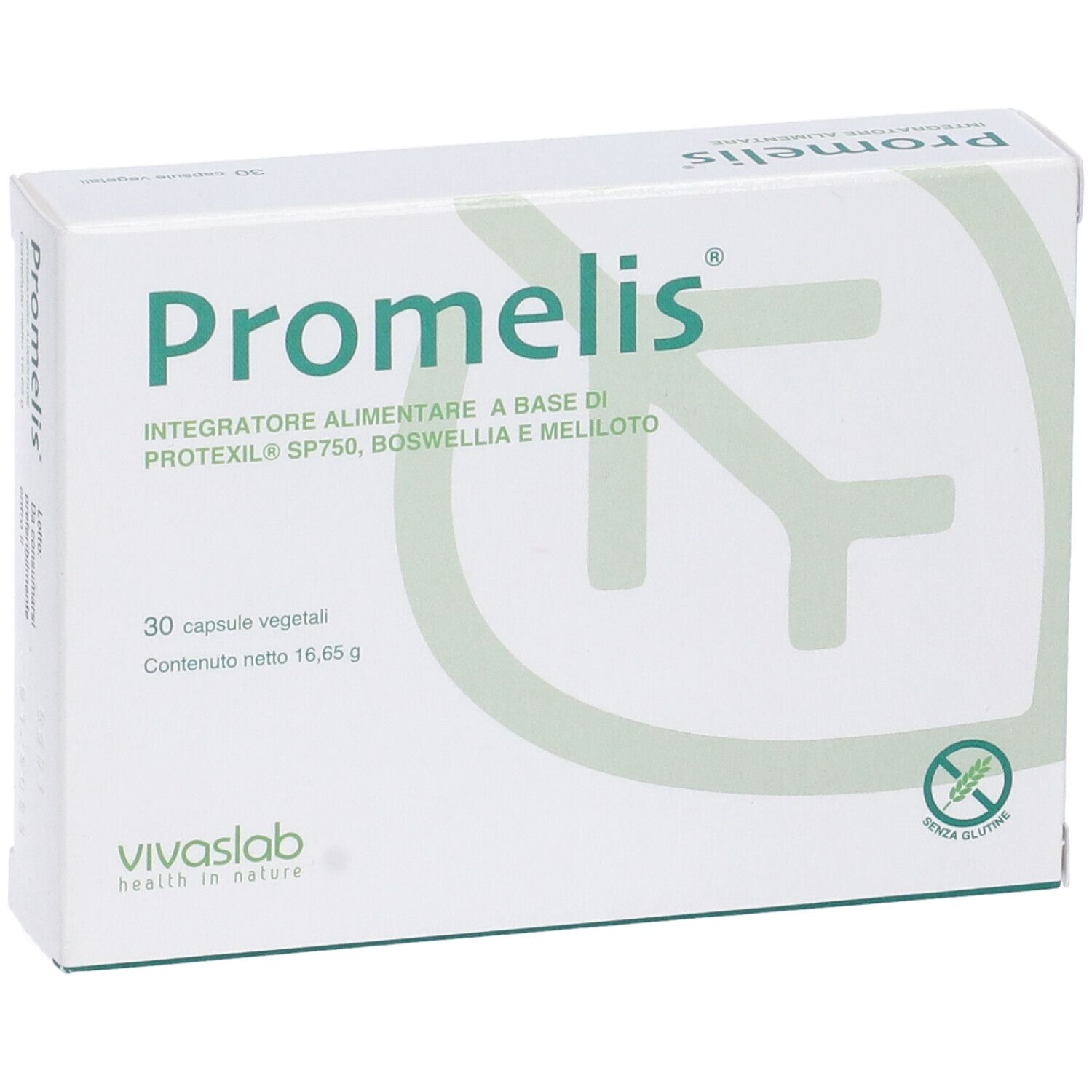 Scatola bianca "Promelis". Nome prodotto, 30 capsule, simbolo senza glutine.