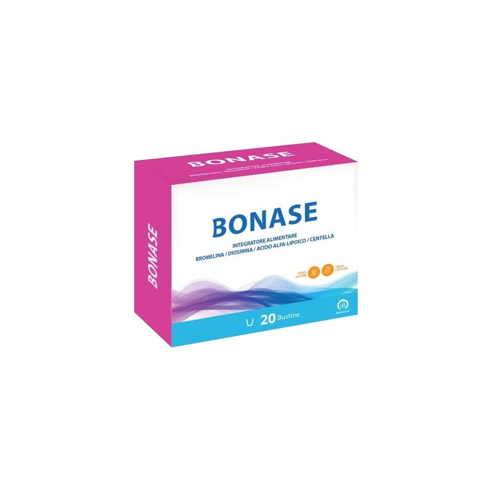 Scatola "BONASE". Confezione rosa e bianca con onde blu e viola. Contiene 20 bustine.