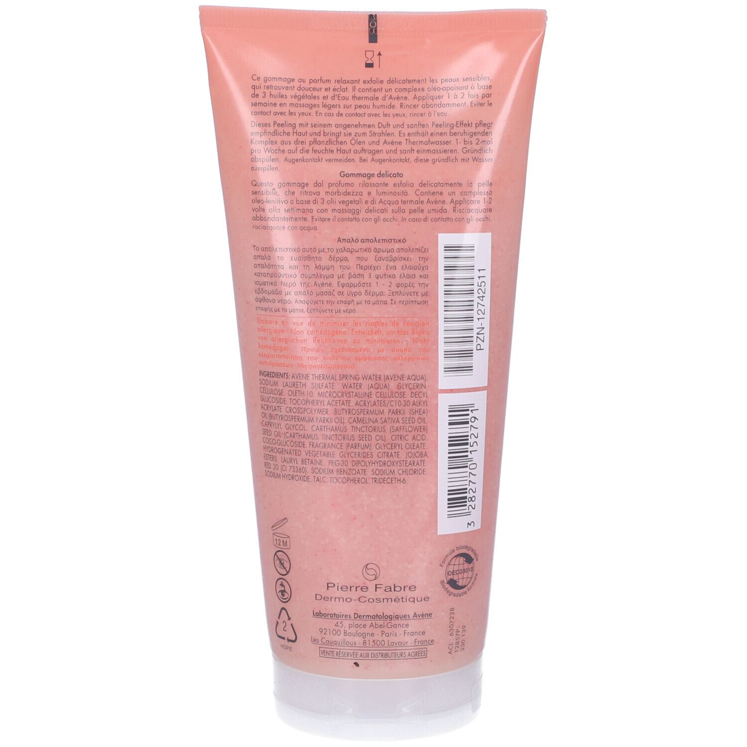 Retro di un tubo rosa. Testo multilingue. In basso: Pierre Fabre, logo, Made in France.