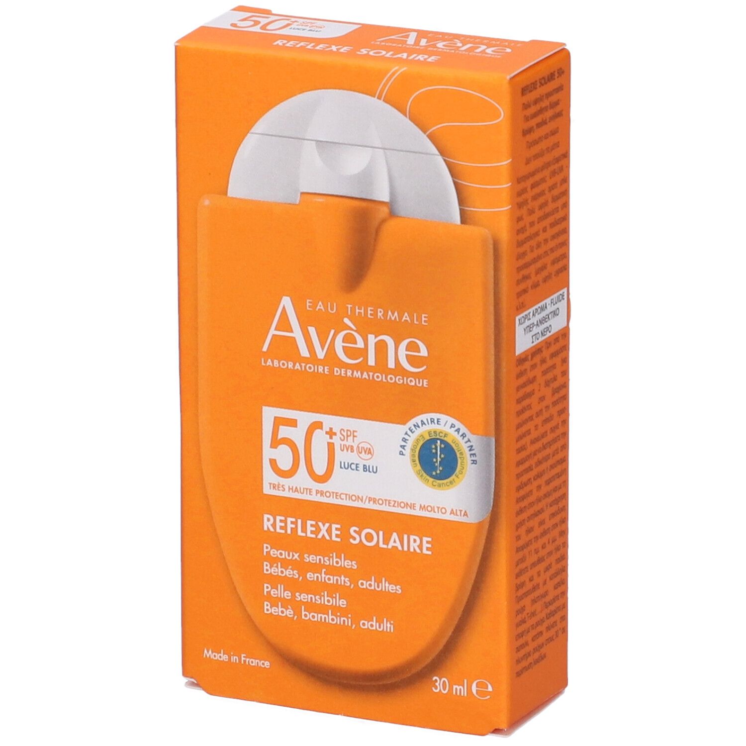Confezione di crema solare arancione. Marca Avène, SPF 50+. Testo: Reflexe Solaire, per neonati, bambini, adulti. 30 ml. Prodotto in Francia.