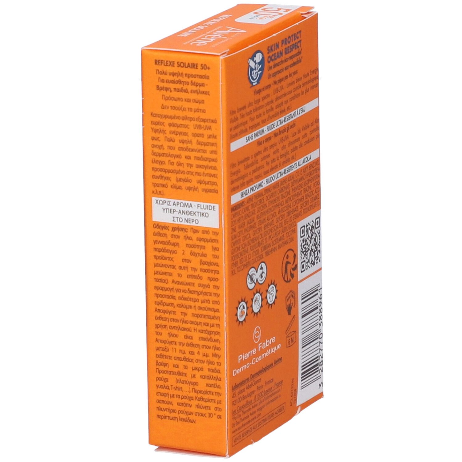 Retro della confezione di crema solare. Testo: ingredienti, istruzioni per l'uso, pittogrammi. Marchio Pierre Fabre. Prodotto in Francia.