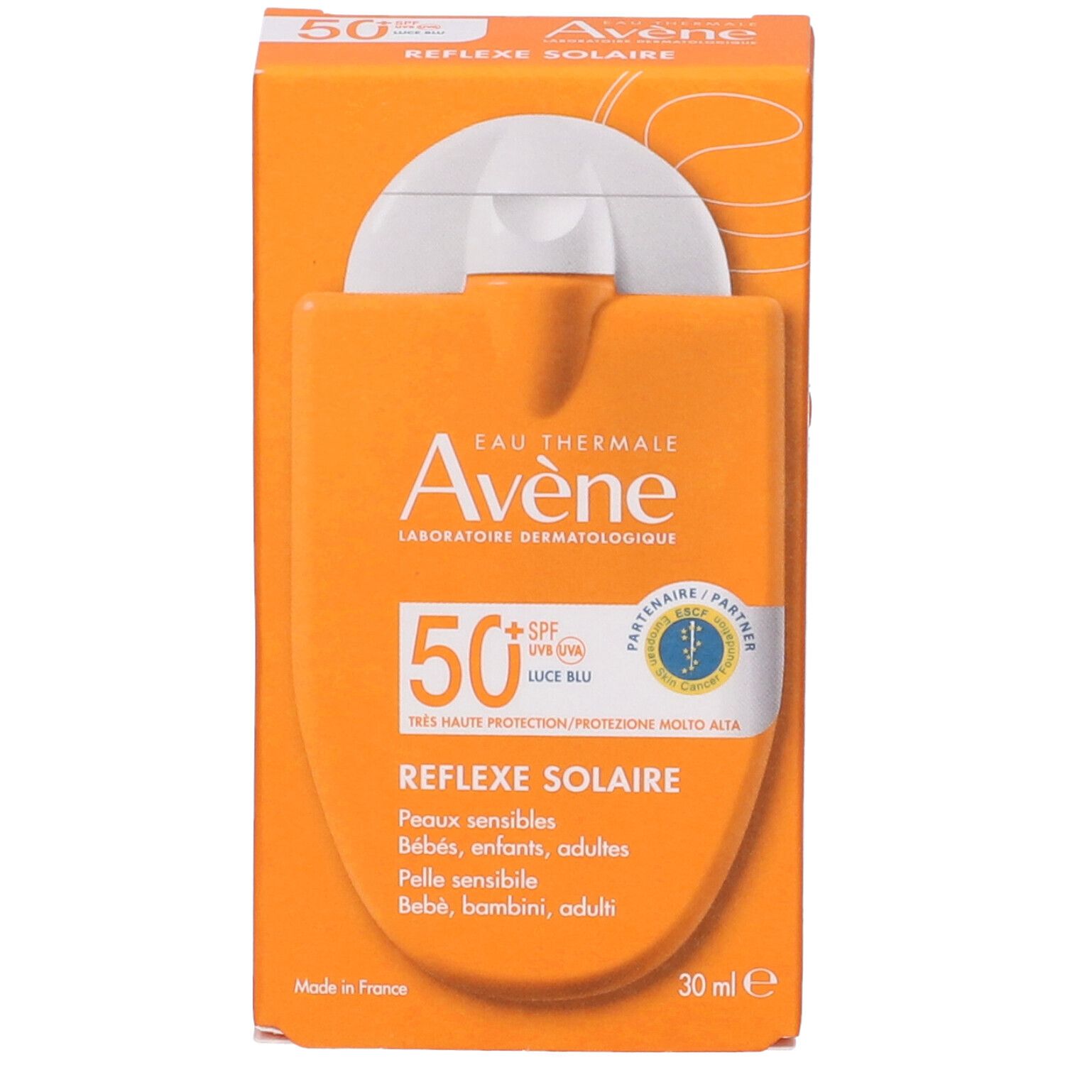 Confezione di crema solare arancione. Marca Avène, SPF 50+. Testo: Reflexe Solaire, per neonati, bambini, adulti. 30 ml. Prodotto in Francia.