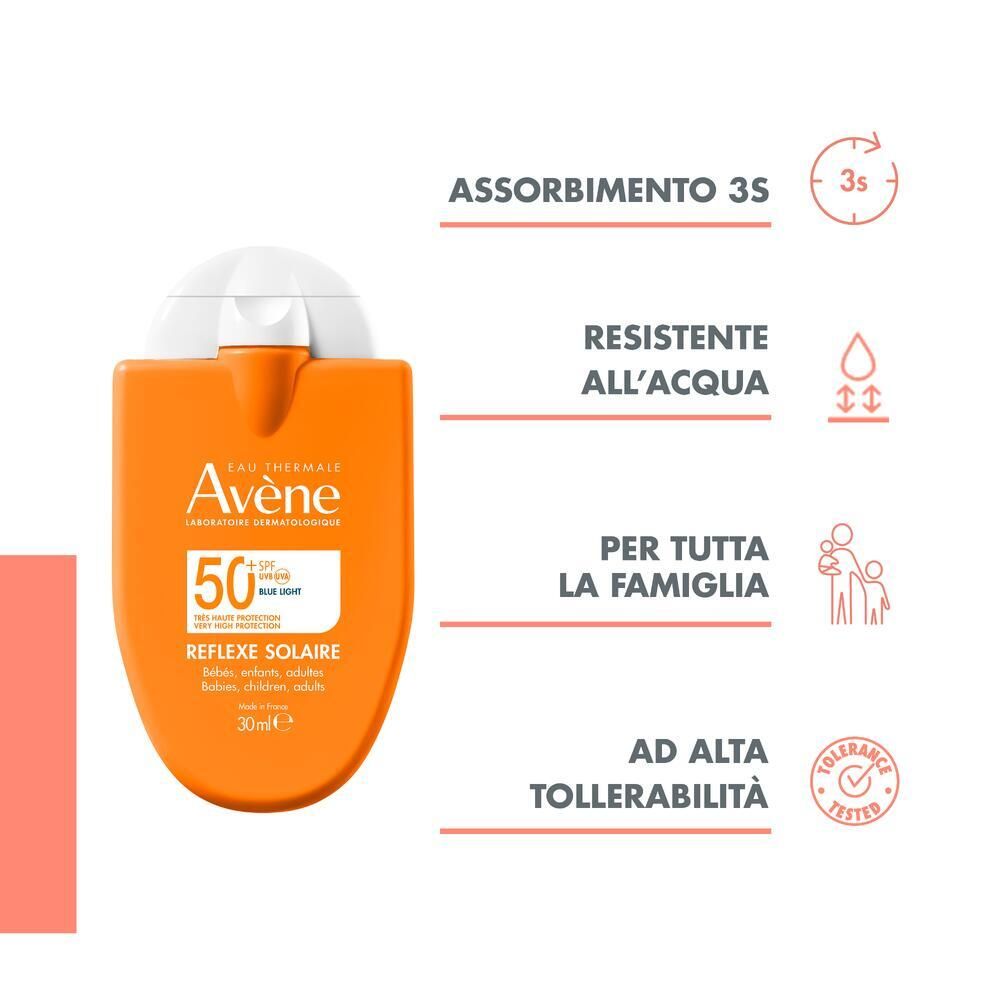 Grafica con testo e simboli. Assorbimento rapido, resistente all'acqua, per tutta la famiglia, alta tollerabilità. Immagine del prodotto sullo sfondo.