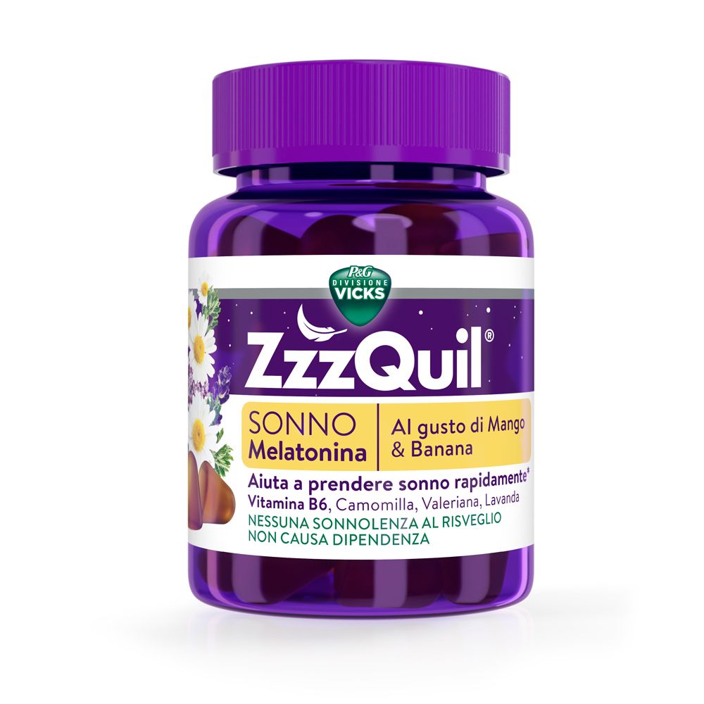 Flacone ZzzQuil Natura. Tappo viola, etichetta bianca con informazioni. Gusto mango e banana.