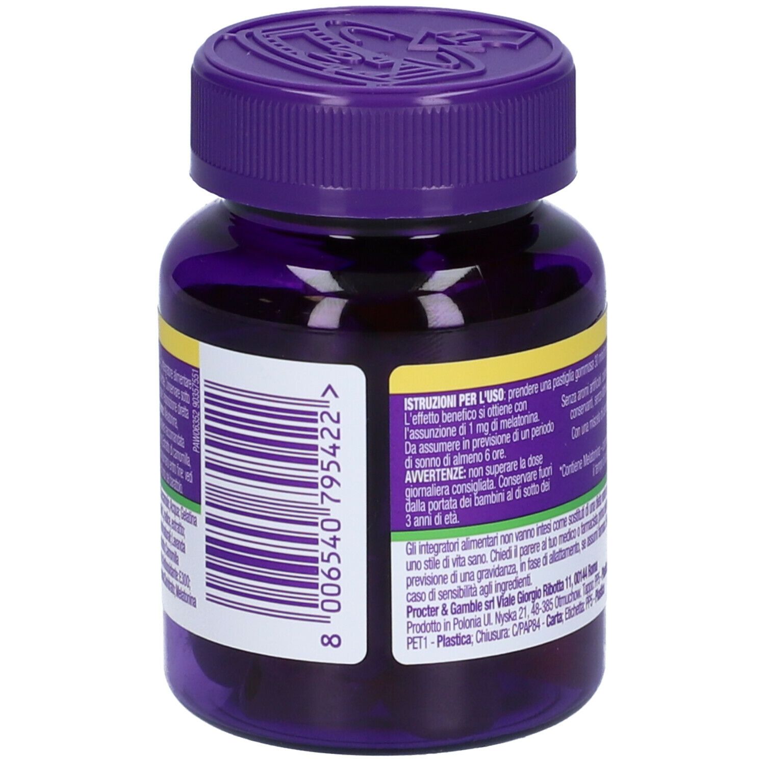 Flacone ZzzQuil Natura. Tappo viola, etichetta bianca. Caramelle gommose.
