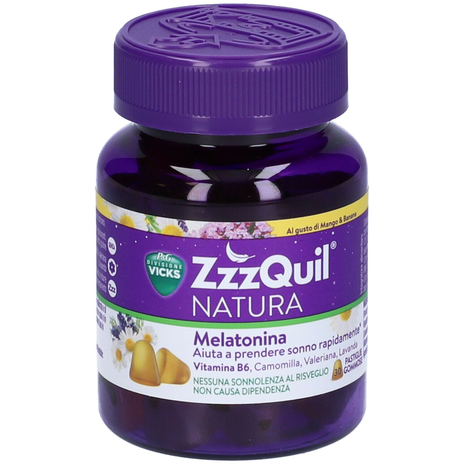 Flacone ZzzQuil Natura. Tappo viola, etichetta bianca. Caramelle gommose.