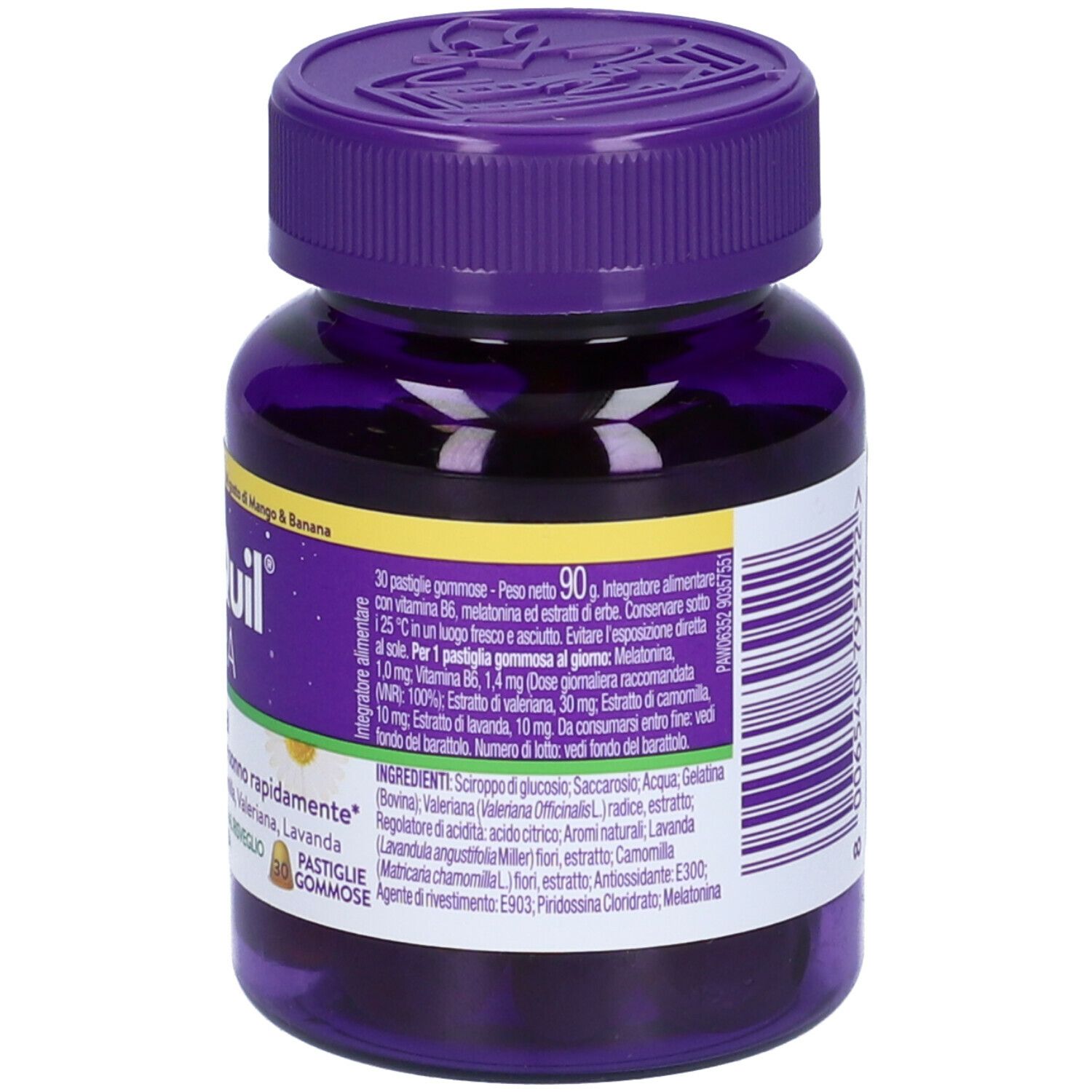 Flacone ZzzQuil Natura. Tappo viola, etichetta bianca. Caramelle gommose.